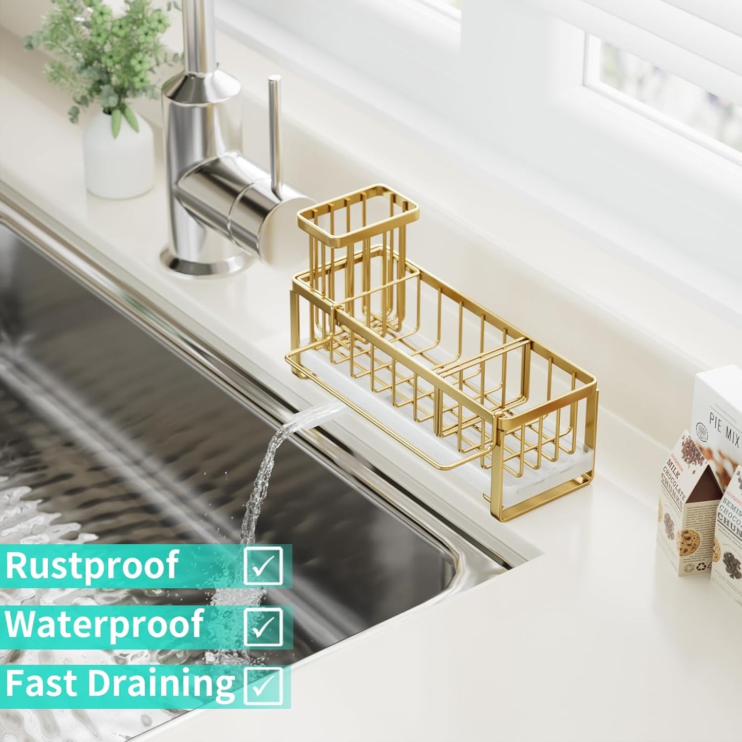 HapiRm Sponge Holder for Kitchen Sink - Self-draining Sink Caddy with Brush Holder and Dishcloth Holder, Stainless Steel Kitchen Organizer for Countertop - Gold