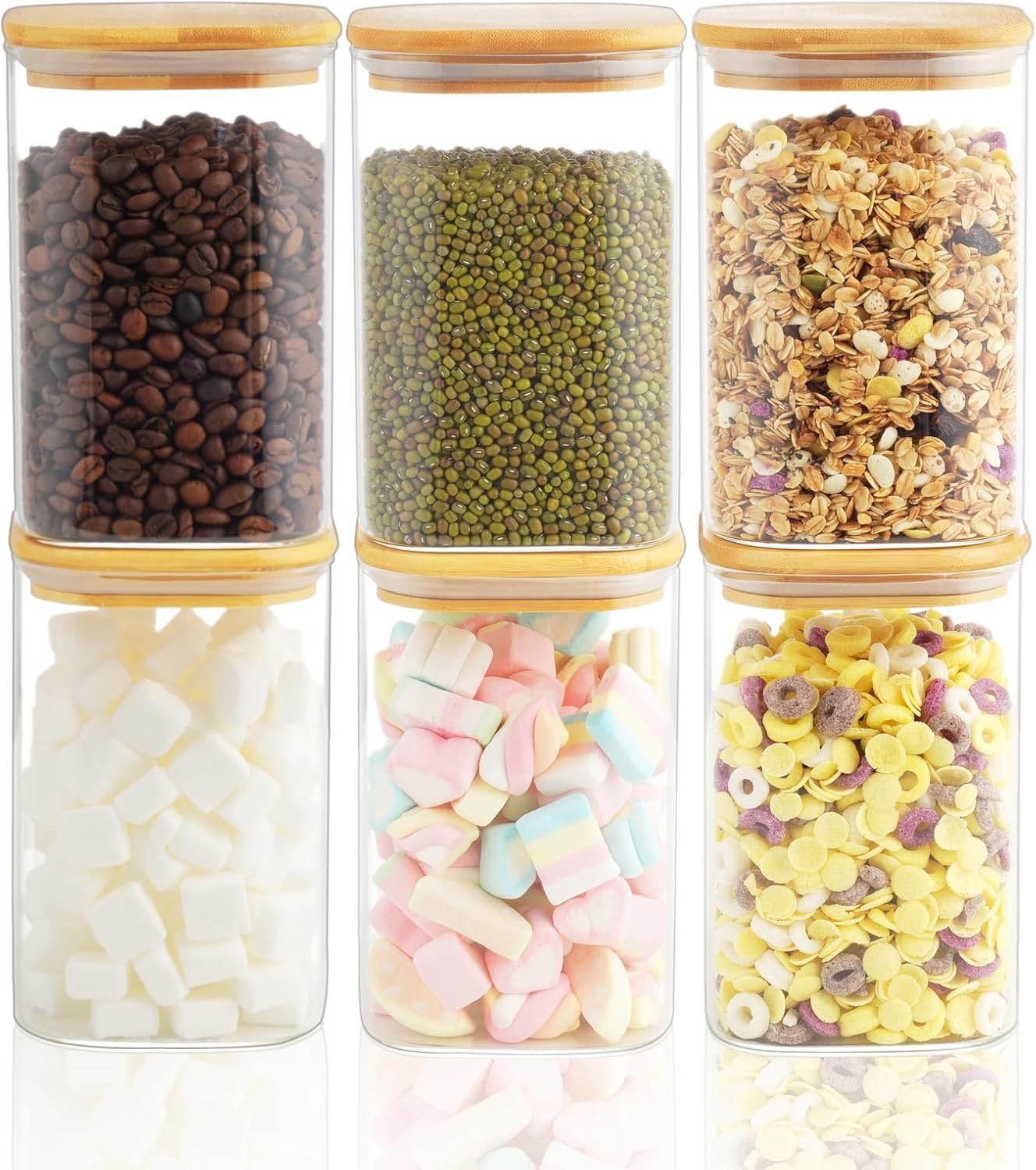 37 oz Glass Food Storage Jars - Set of 6 Glass Canister Sets Square Pantry Storage Containers with Lids for Serving Tea, Coffee, Flour, Sugar, Candy, Cookie, Spice and More