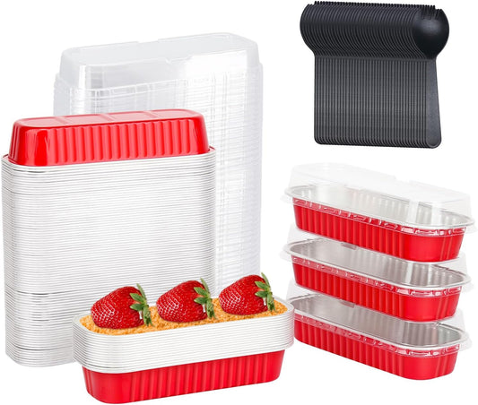 LNYZQUS Disposable Mini Cake Pans with Lids 100 Pack, 6.8oz Rectangle Mini Loaf Pan Baking Cups Muffin Tin,Aluminum Foil Cupcake Baking Tins Containers for Christmas New Year-Red