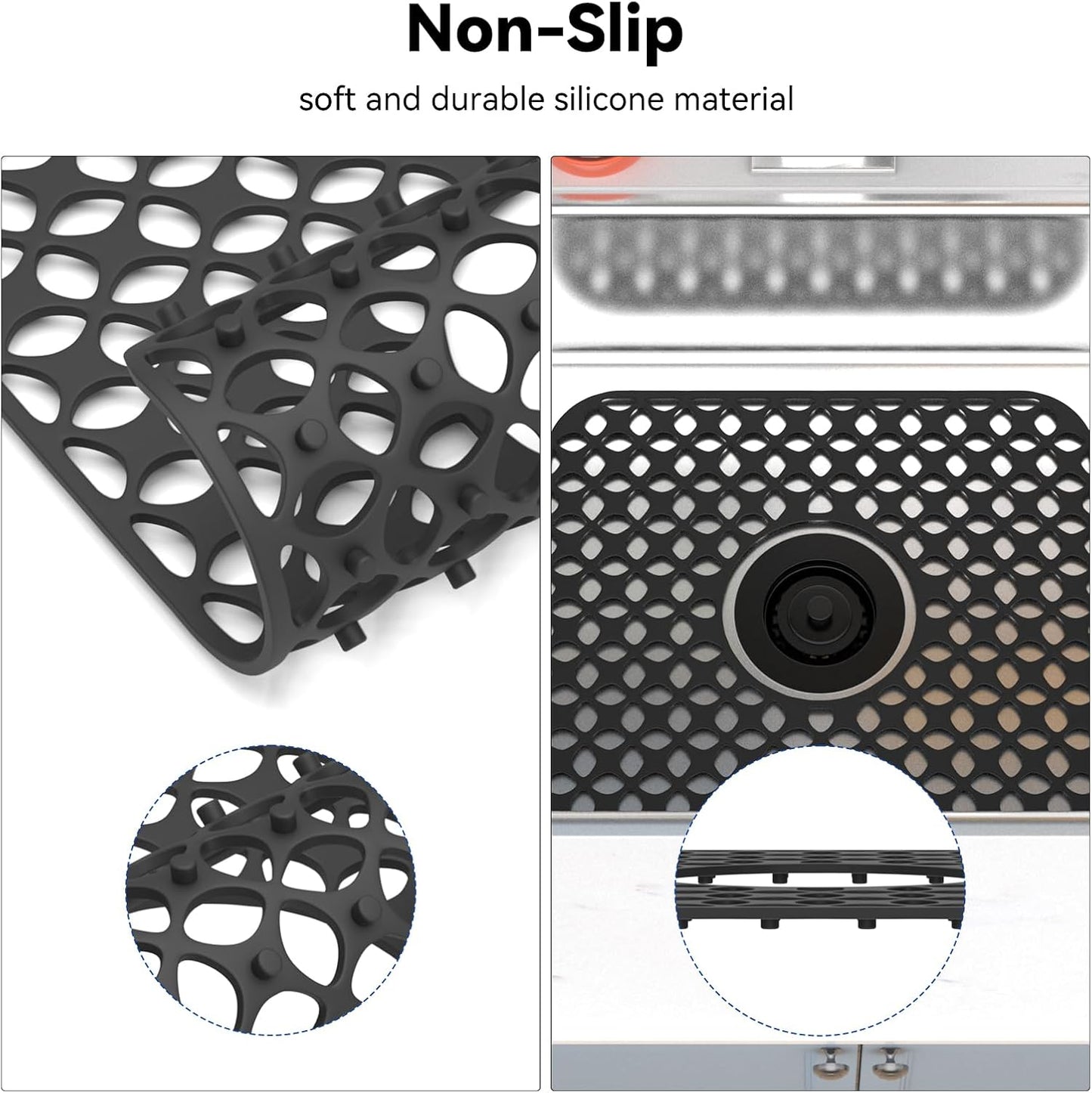 TOOVEM Kitchen Sink Mats, 2PCS Non-Slip Heat Resistant Silicone Sink Protector Mat, Folding Farmhouse Rear Drain Sink Mats (Type2: Center Drain, Black)