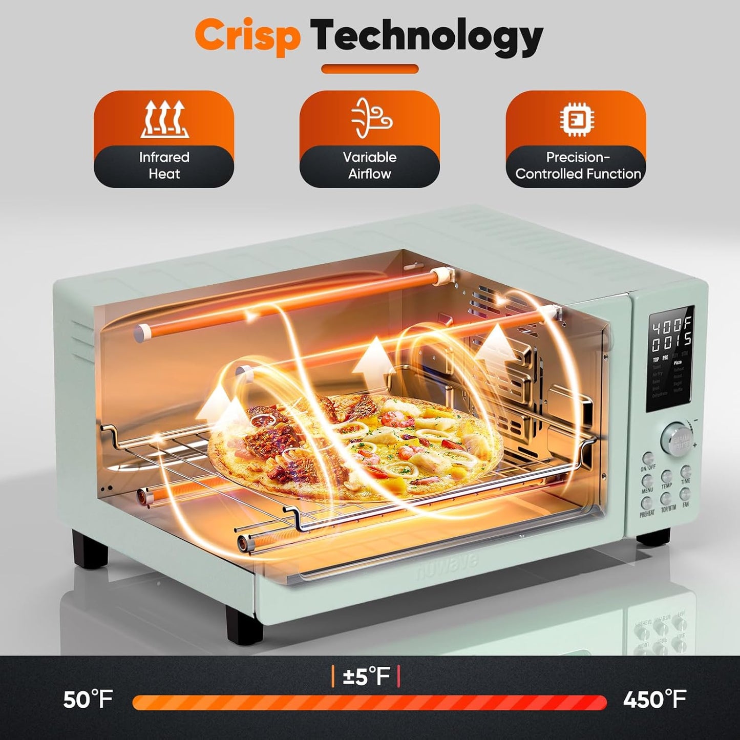 Nuwave Bravo Pro Smart 21QT Toaster Oven Air Fryer Combo, Convection Oven Countertop, 10 functions all in 1, with even & quick crisp technology, 50-450°F, 1800W, Mint Green