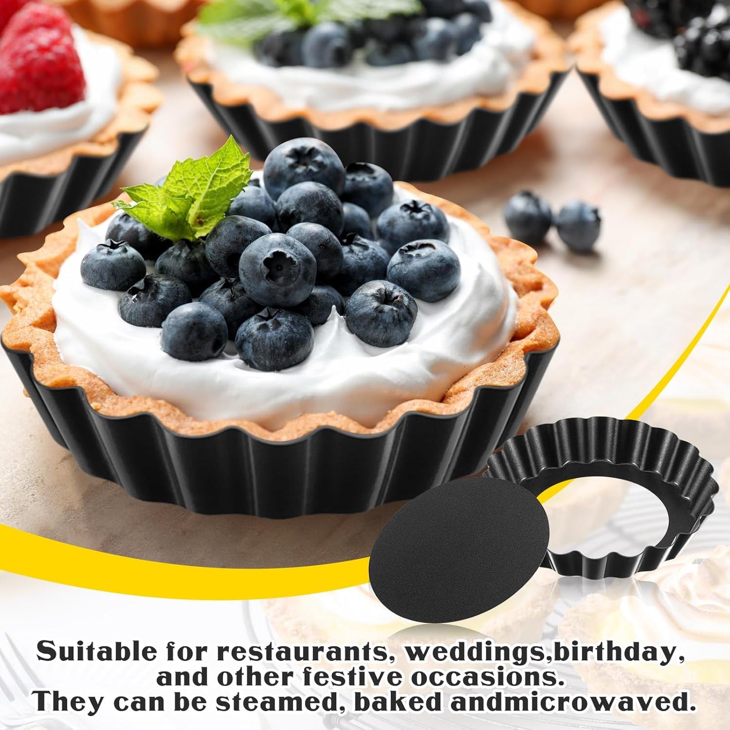 Tessco 16 Pieces Mini Tart Pans with Removable Bottom Nonstick Quiche Mini Pie Tart Pans Bakeware Mold Fluted Side for Pies(Black Round and Rectangle,4 Inch and 4.33 x 2.36 x 0.79 Inch)