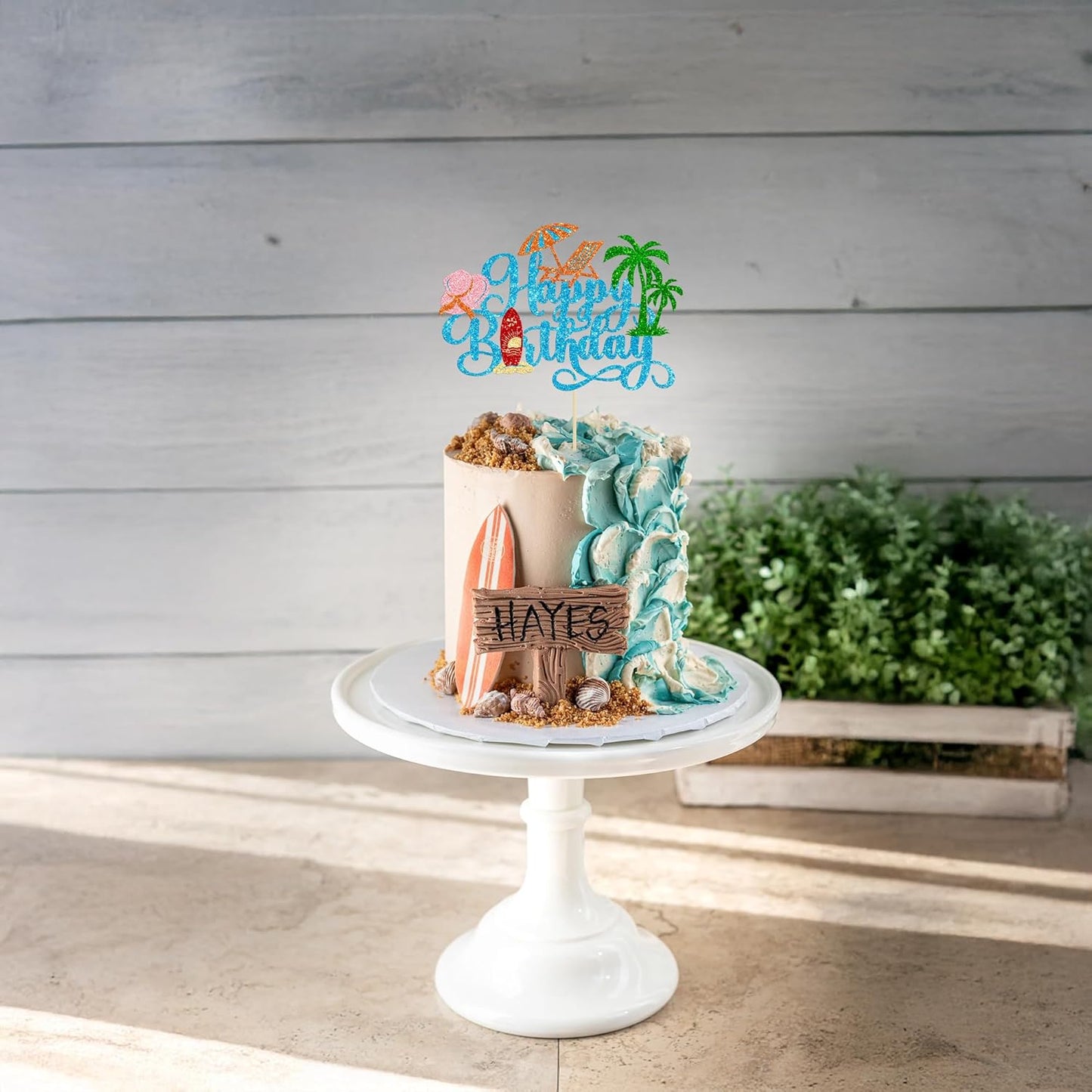 Gyufise 1Pcs Summer Beach Happy Birthday Cake Topper Glitter Ball Tree Umbrella Pool Cake Pick for Hawaiian Holiday Baby Shower Birthday Party Cake Decorations Supplies Blue