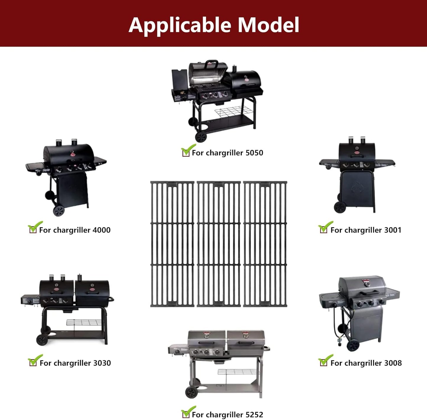 Grill Grates for Char Griller Replacement Parts Cast Iron Chargriller Cooking Grate 2121 2123 2222 2828 3001 3030 3725 4000 5050 5252 5650 9020 Charcoal Smoker Rack BBQ 19 3/4" x 20 1/4"