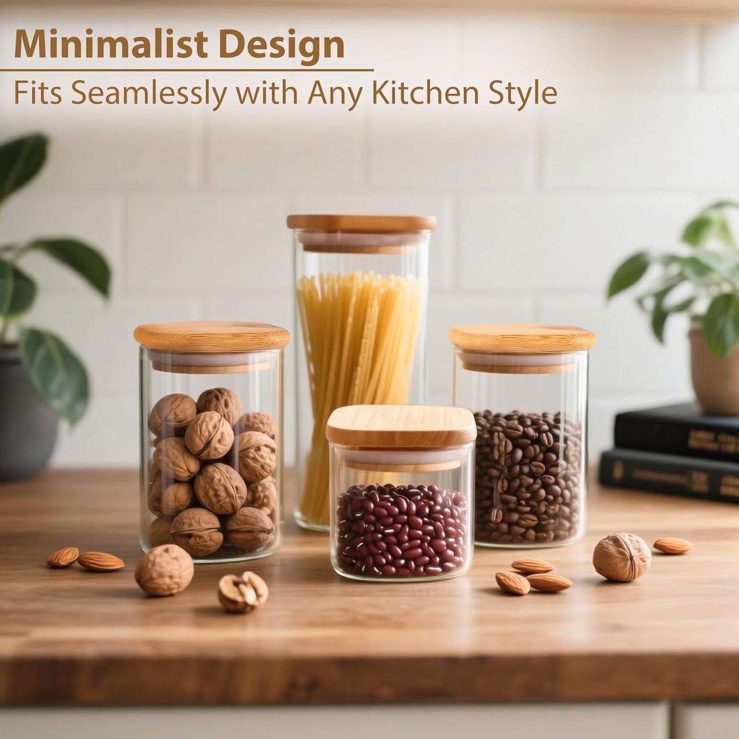 6 Pack Square Glass Storage Containers with Bamboo Lids (24oz/37oz/51oz) – Clear Food Airtight Canisters Sets for The Kitchen, Glass Jars for Coffee Beans, Coffee, Flour, Snacks, Spices