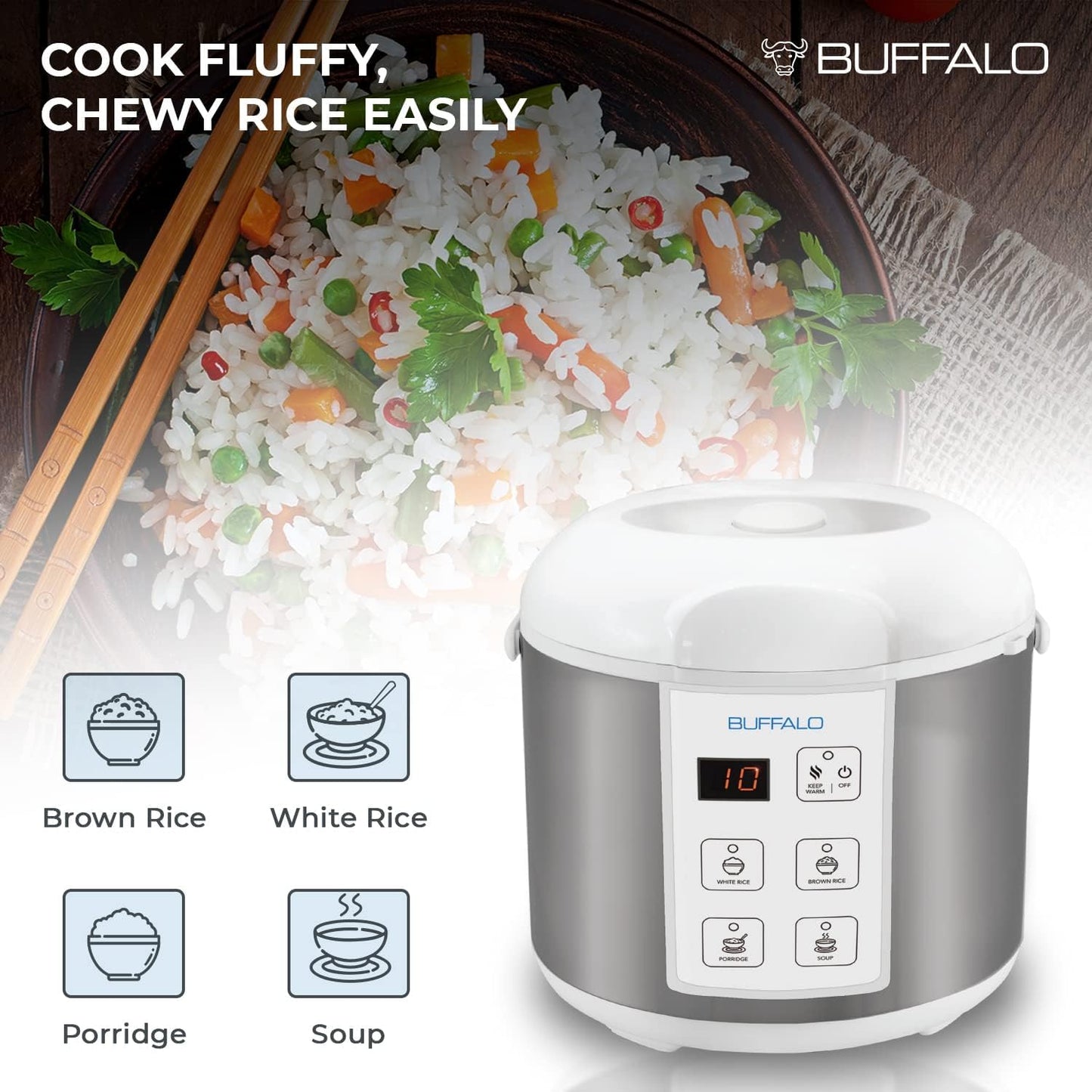 Buffalo Classic Rice Cooker with Clad Stainless Steel Inner Pot - Electric Rice Cooker for White/Brown Rice, Grain - Easy-to-clean, Non-Toxic & Non-Stick, Auto Warmer (5 Cup)