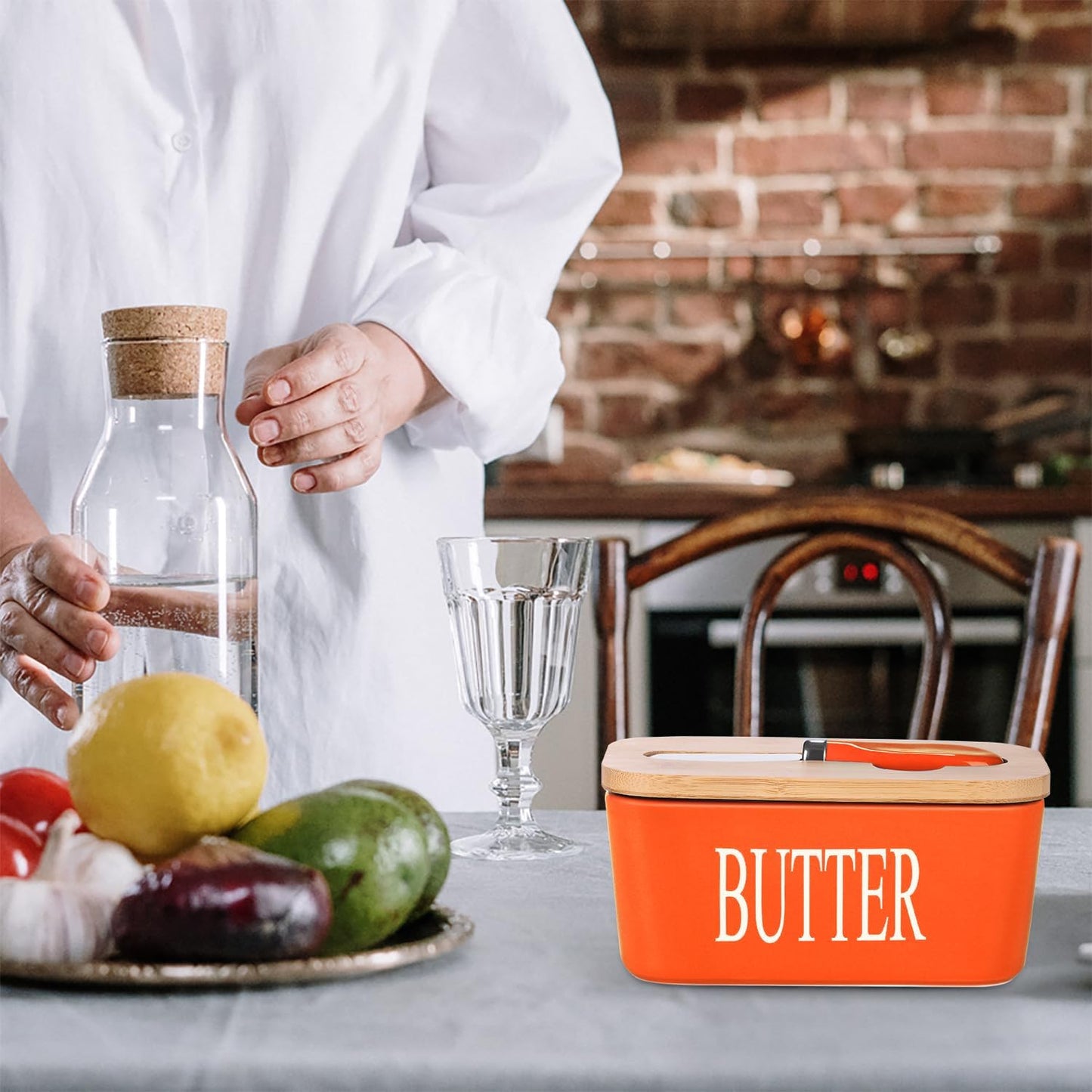 Ceramic Butter Dish with Wooden Lid, Large Butters Container Keeper Storage with Stainless Steel Knife Spreader, Bamboo Cover and Silicone Sealing Ring for West East Coast, Orange