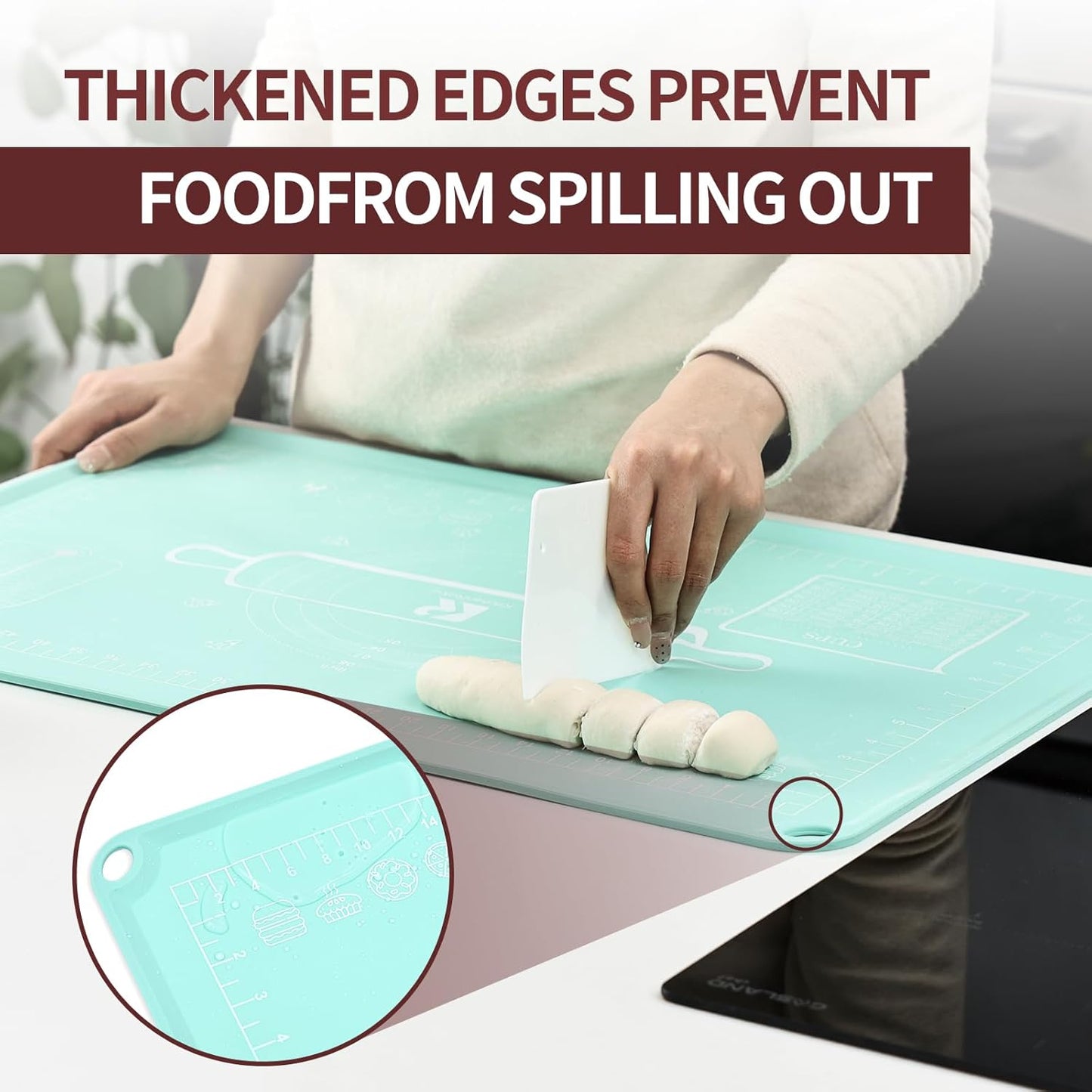 Silicone Baking Mat 20"L x 28"W, Extra Thick Dough Rolling Pad with Measurements and Edge Heightening, Non-stick Food Grade Silicone Pastry Mat for Pastry, Bread, Cookies