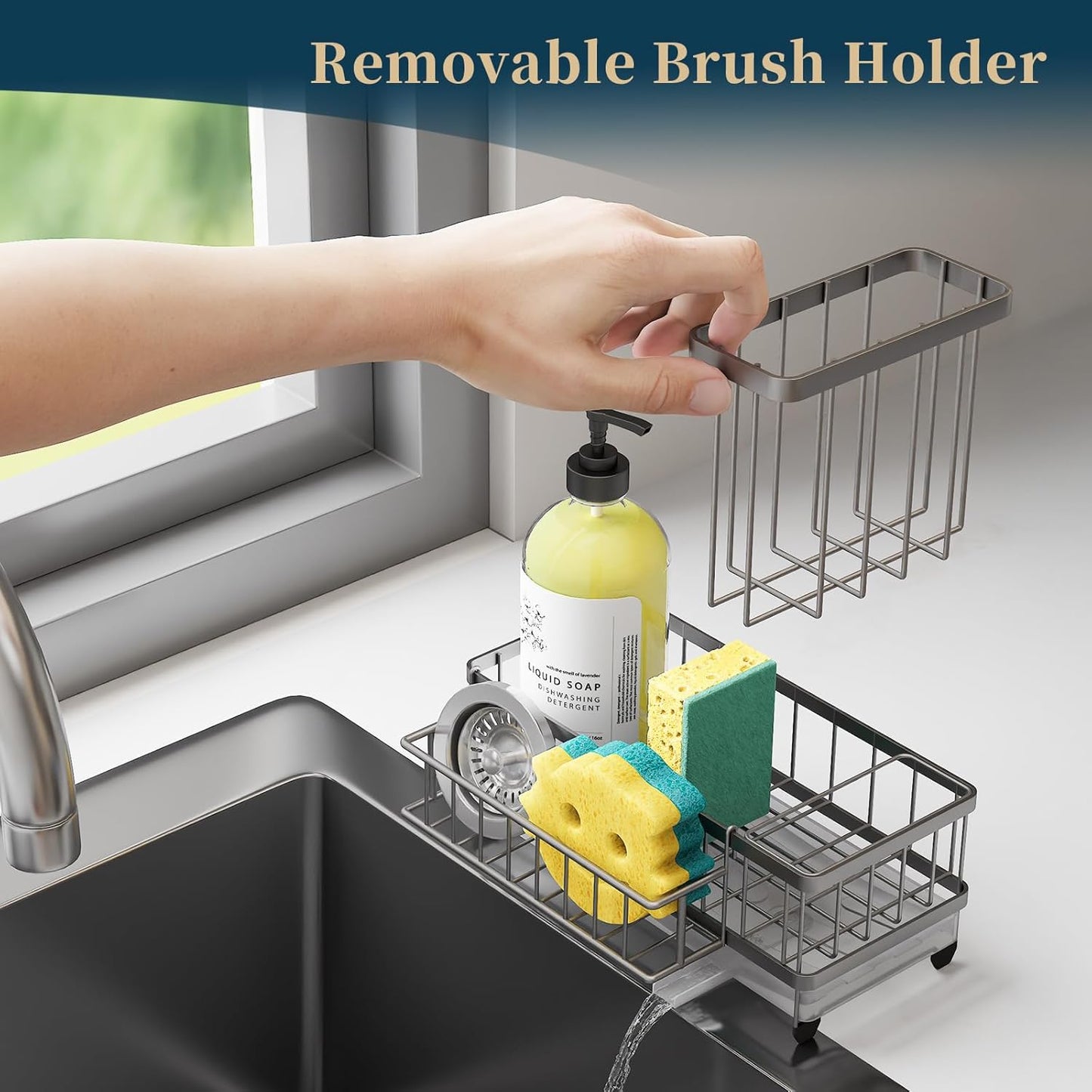 Consuemst Sponge Holder for Kitchen Sink - Auto Draining Sink Caddy Organizer with Detachable Rack, High Brush Holder, Kitchen Countertop Storage Accessories, Sand Nickel