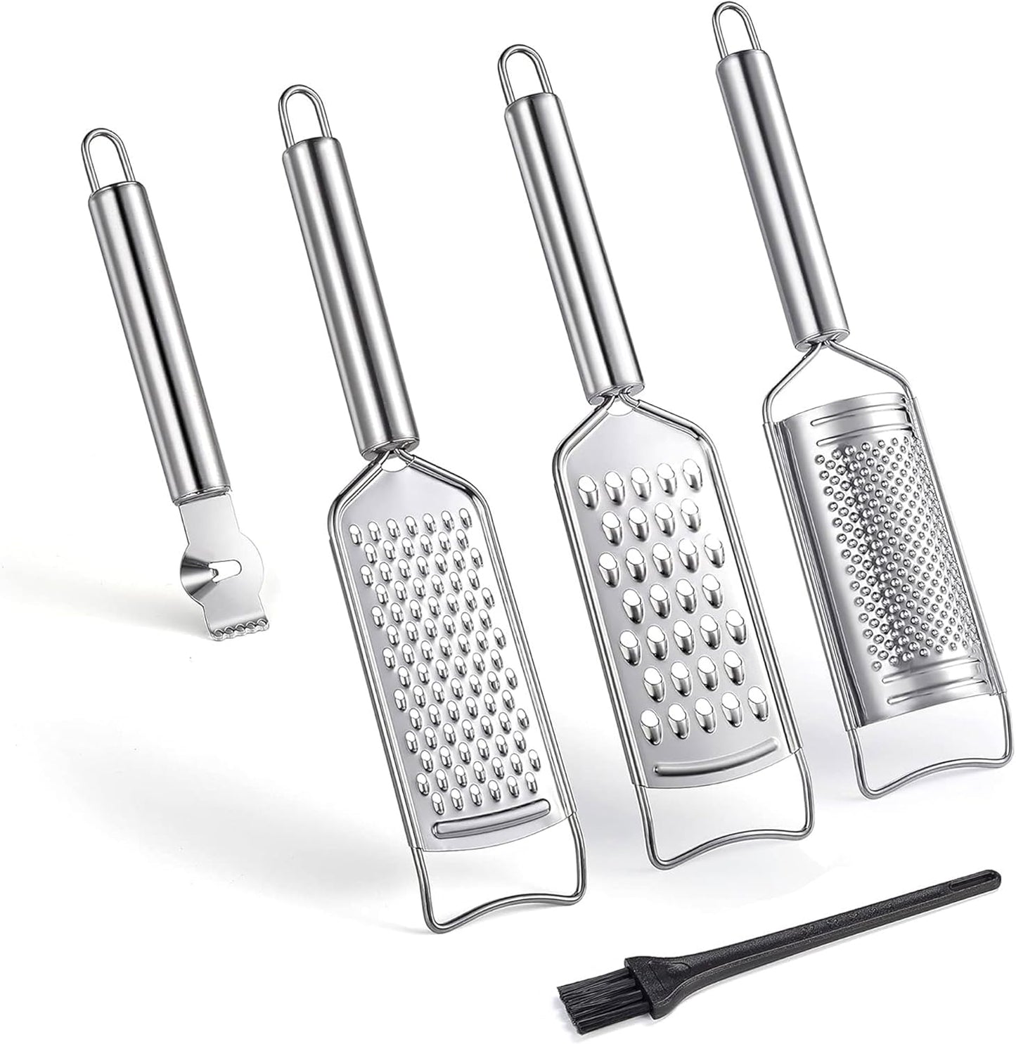Tongjude Stainless Steel Cheese Grater Set, Set of 5 Kitchen Grater & Peeler & Slicer, Lemon Zester with Cleaning Brush for Vegetable, Fruit, Chocolate