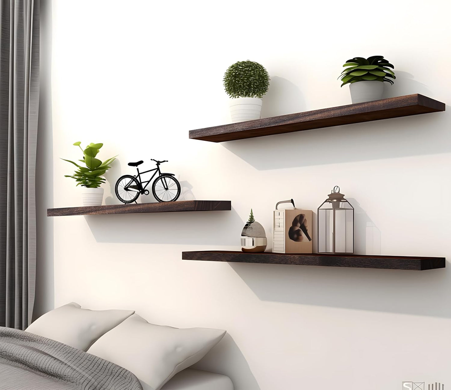 Wood Floating Shelves for Wall, Wooden Wall Shelves for Bedroom, Wall Mounted Shelves for Living Room, Set of 4 Brown 24 Inch