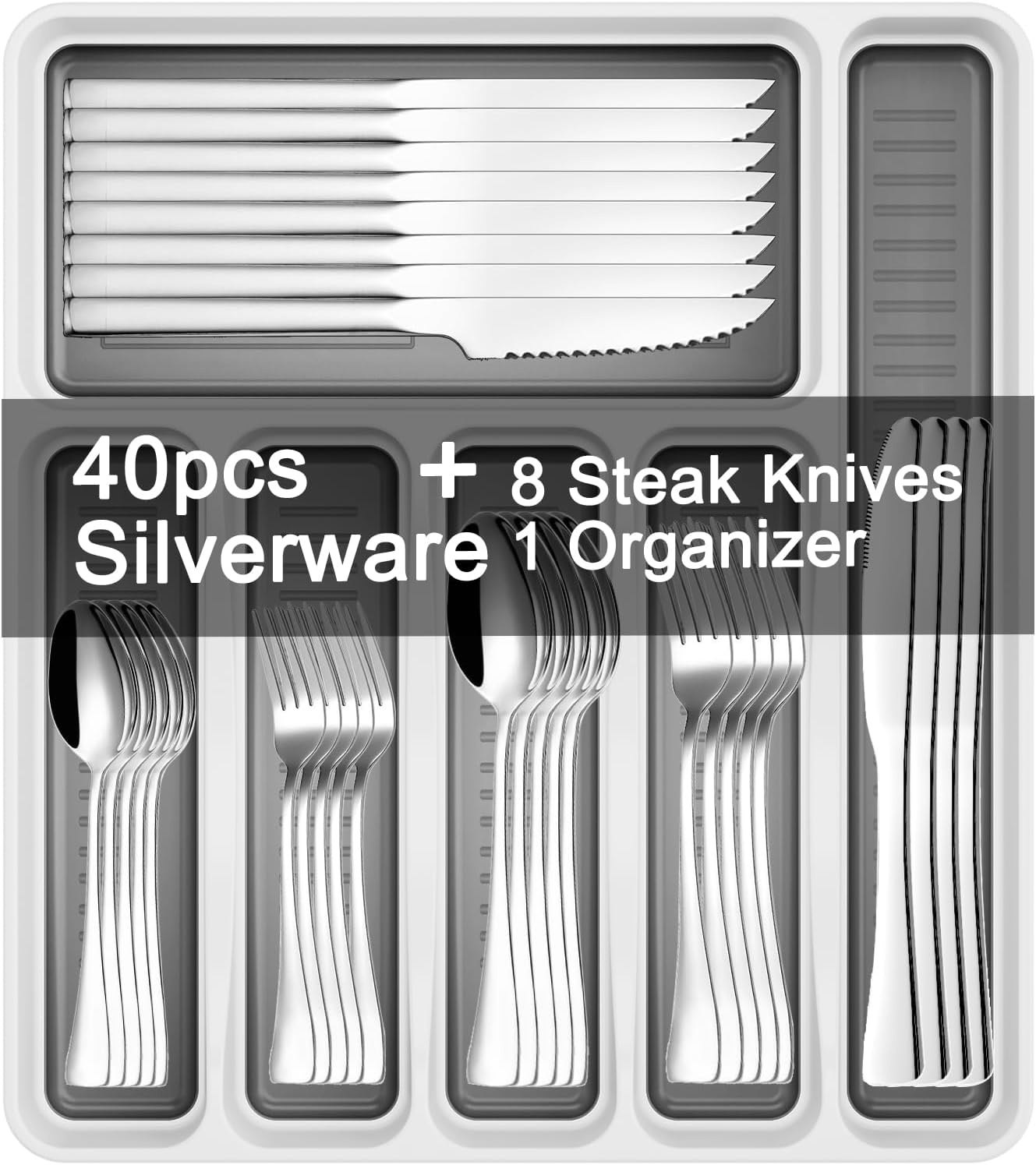 49-Piece Silverware Set with Organizer, Stainless Steel Kitchen Utensils Set for 8, Cutlery Flatware Set with Steak Knives Fork Spoon for Home Kitchen Tableware, Dishwasher Safe