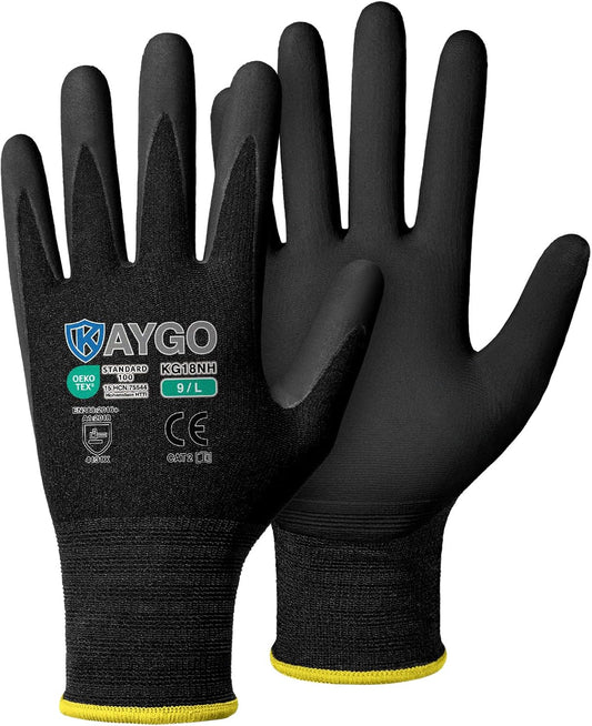 KAYGO Safety Work Gloves MicroFoam Nitrile Coated, 3 Pairs KG18NB,Seamless Knit Nylon Glove with full fingers Touchscreen, Ideal for Automotive,Warehouse,Construction (L, Black)