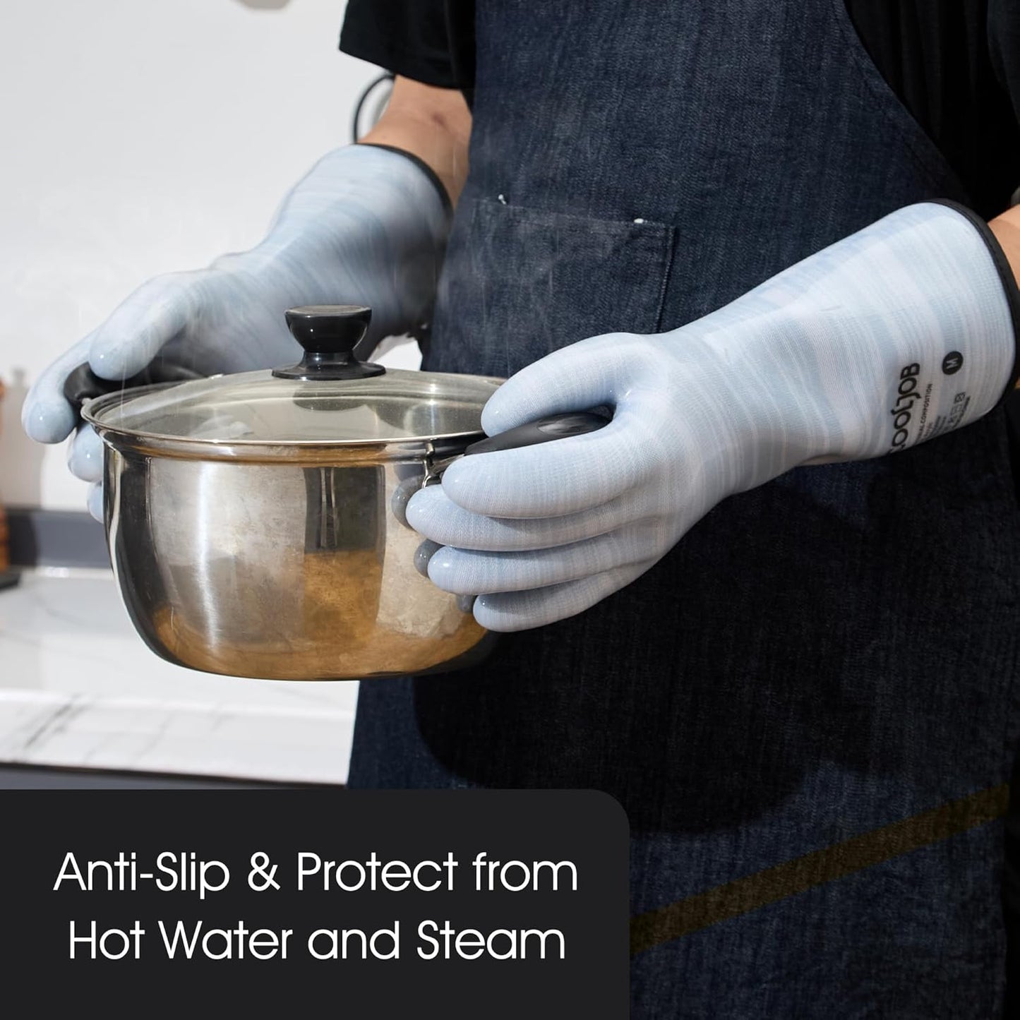 COOLJOB Heat Resistant Oven Gloves, Waterproof Liquid Silicone BBQ Grilling Gloves for Barbecue, Kitchen Cleaning, Baking, Blue, XL