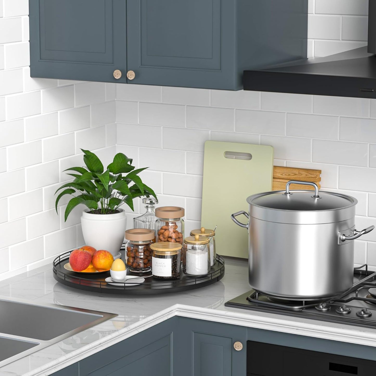 16" Oak Wooden Lazy Susan Turntable for Dining Table, Large Round Lazy Susans Organizer for Kitchen Countertop, Tabletop 360°Rotating Tray for Spice Organization and Storage Black Home Decor