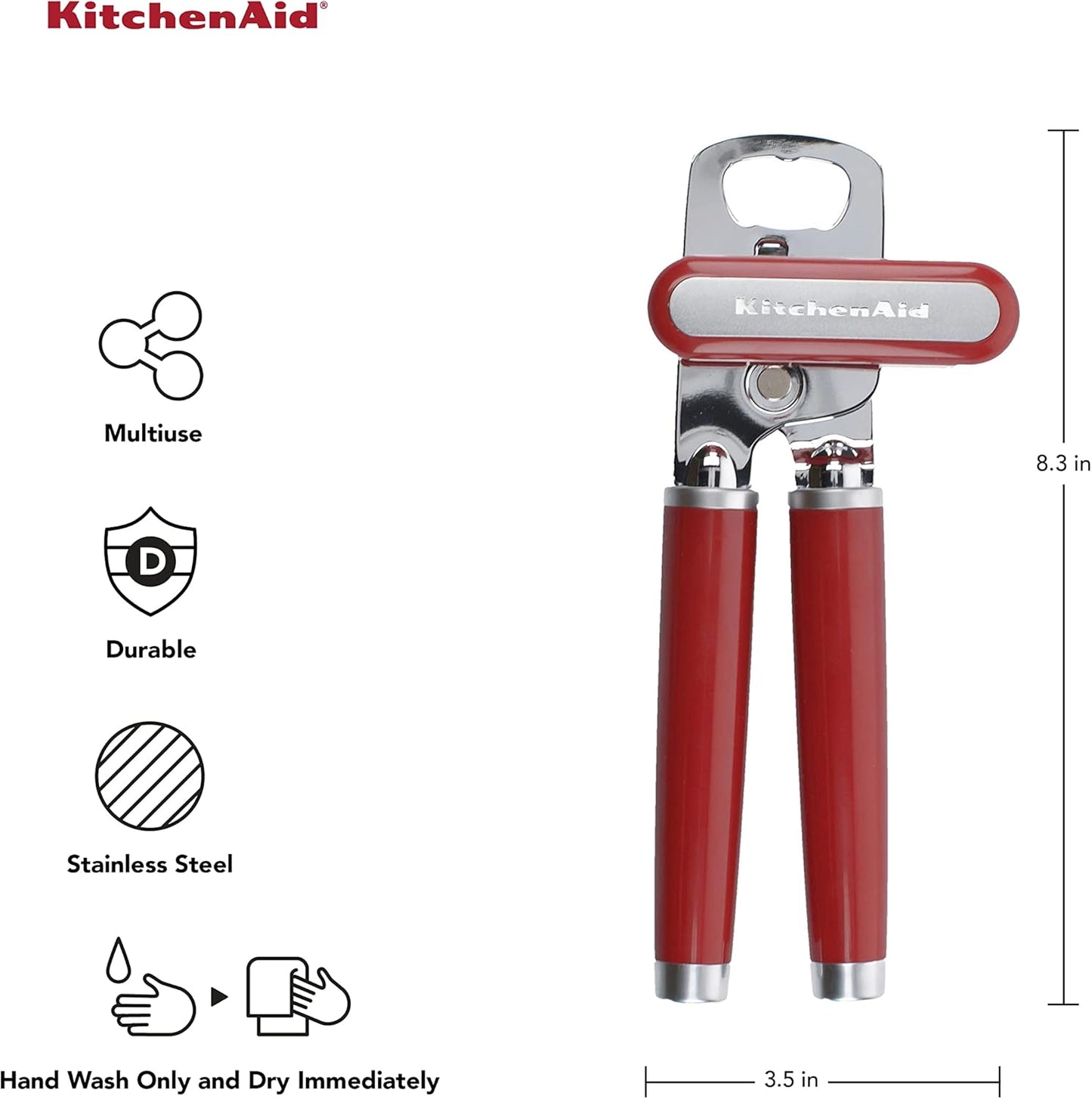 KitchenAid Classic Multifunction Can Opener and Bottle Opener Easy to Use, Razor Sharp Stainless Steel Cutting Wheel, Soft Ergonomic Handles, Empire Red