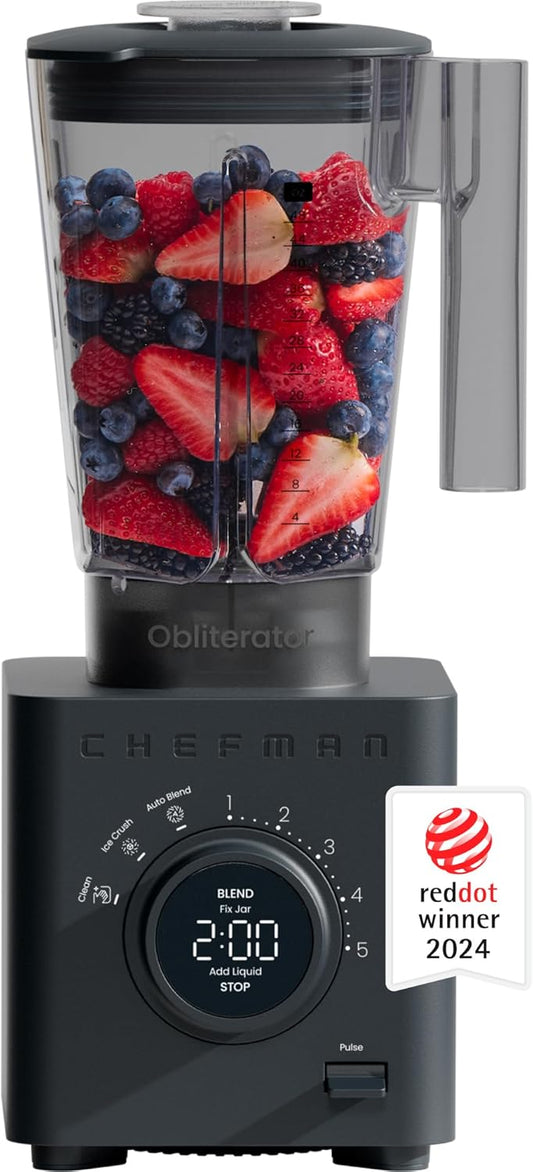 Chefman Obliterator 48 oz Countertop Blender for Smoothies, 1380W Motor to Crush Ice, Nuts, and Frozen Fruit with Stainless Steel Blade, Auto Blend Function, Includes Tamper and Scraper - Midnight
