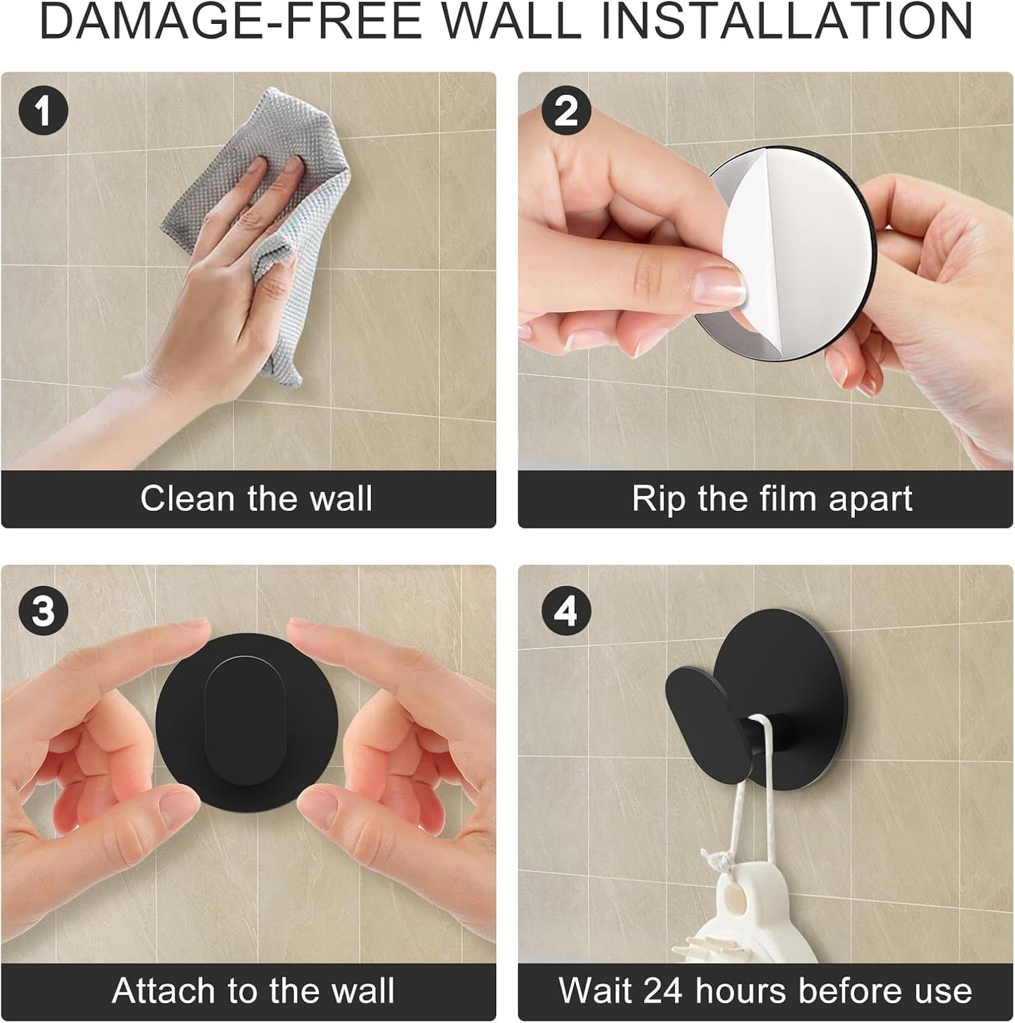 Adhesive Hooks, 4 Pack Towel Hooks Wall Hooks for Bathroom, Kitchen - Bath Robes Coat Hook for Hanging(Matte Black, Stainless Steel)