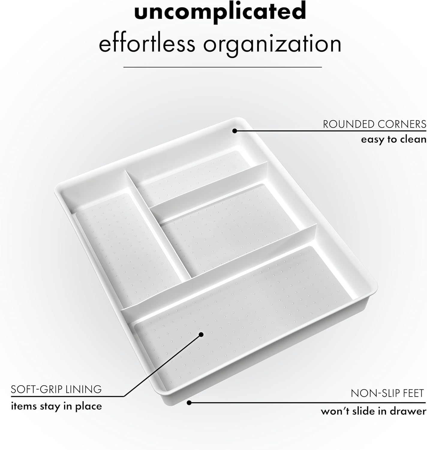 Madesmart Classic 4-Compartment Drawer Organizer Gadget Tray, Plastic Multipurpose Storage Bin for Drawers, White