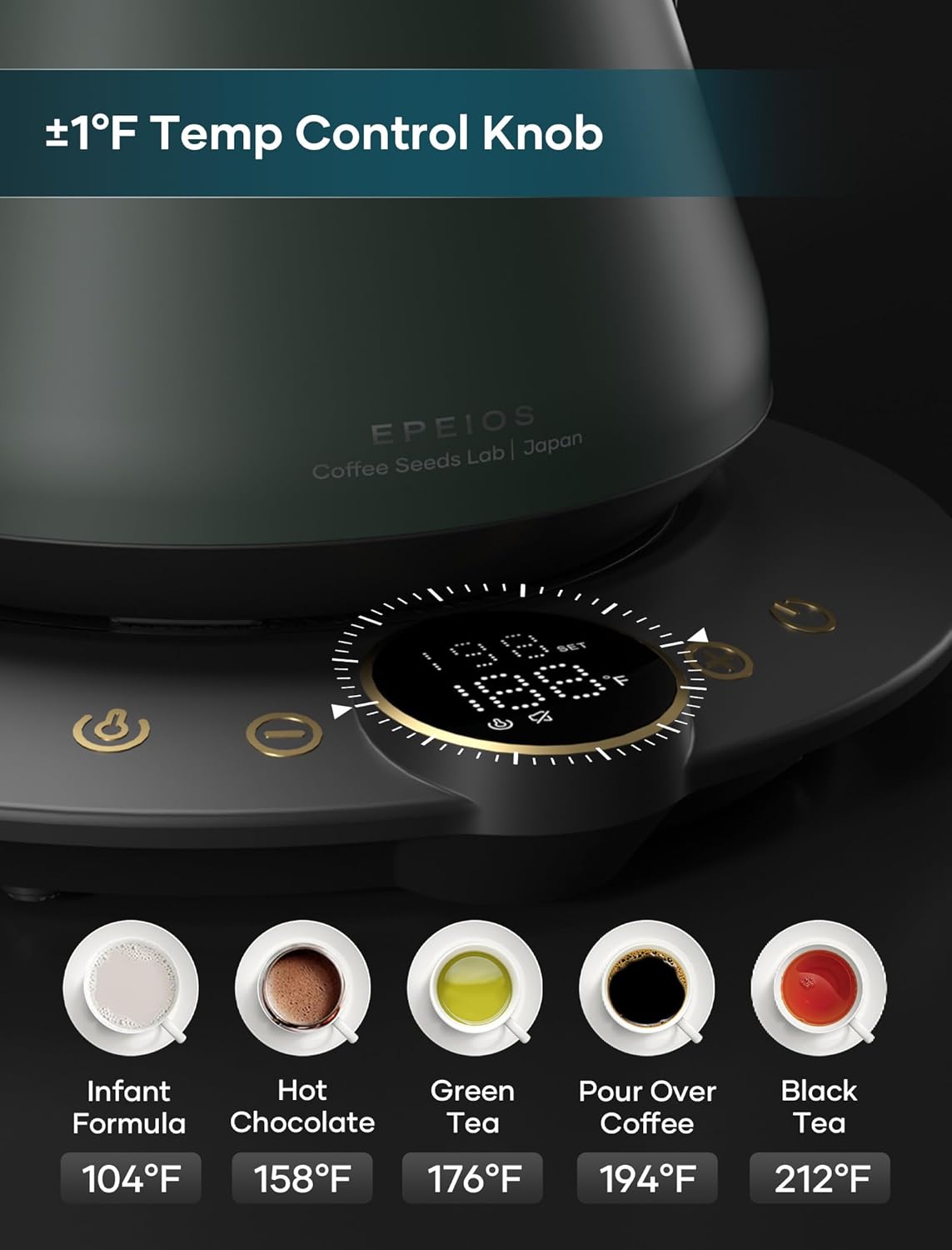 Electric Kettles, INTASTING Gooseneck Electric Kettle, ±1℉ Temperature Control, Stainless Steel Inner, Quick Heating, for Pour Over Coffee, Brew Tea, Boil Hot Water, 0.9L (Forest Green)