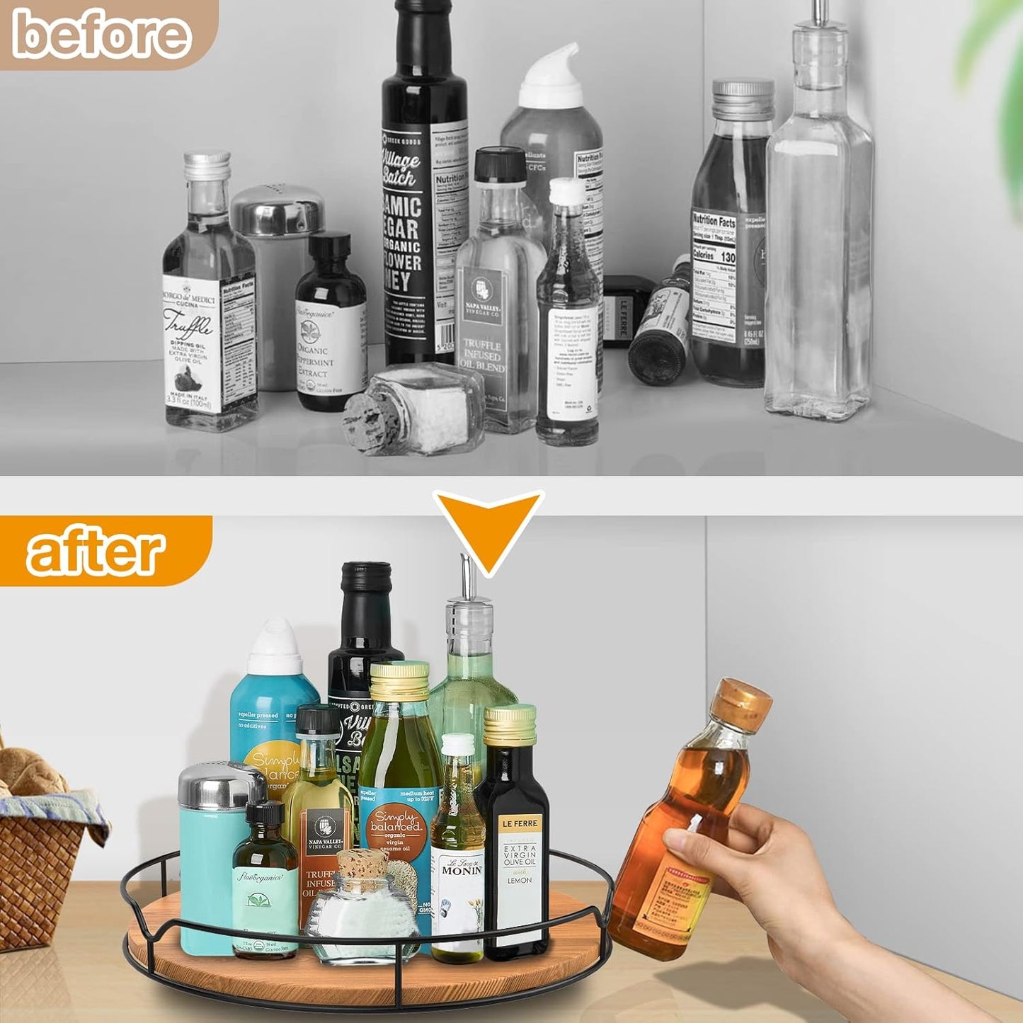 Lazy Susan Turntable Organizer with Anti-Slip Mat for Cabinet Pantry Kitchen Countertop Refrigerator Office, Pine Wood, 13", Carbonized Black