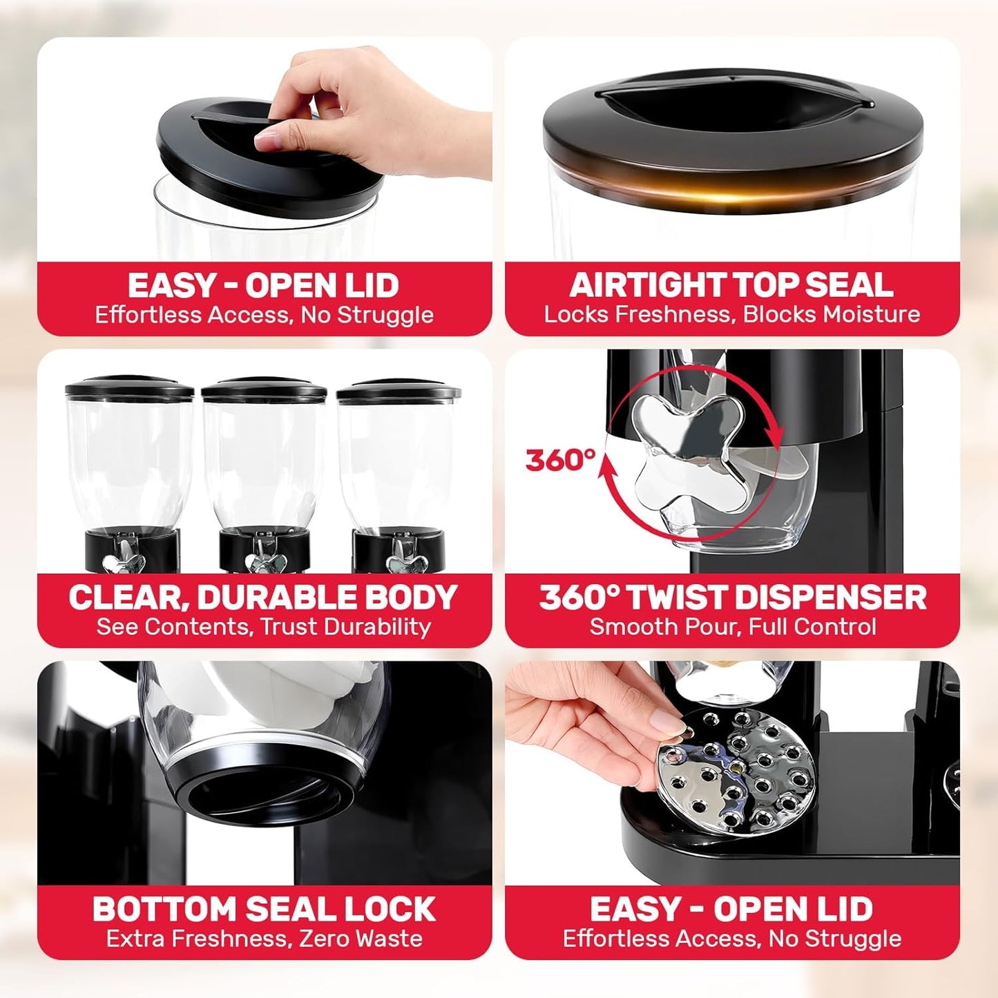 Triple Cereal Dispenser Countertop - 3 Pack 2L Large Cereal Containers Storage Airtight, Rotating Black Plastic Dry Food Dispenser for Cereal, Rice, Grains, Candy, Coffee Beans