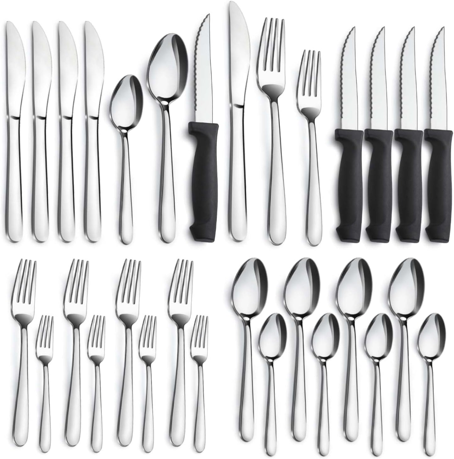 Pleafind 24-Piece Silverware Set - Stainless Steel Flatware with Steak Knives, Forks, Spoons, Knives - Dishwasher Safe for Home or Restaurant