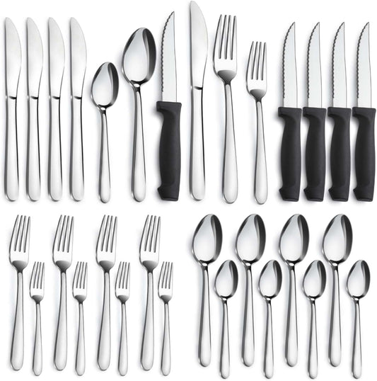 Pleafind 24-Piece Silverware Set - Stainless Steel Flatware with Steak Knives, Forks, Spoons, Knives - Dishwasher Safe for Home or Restaurant