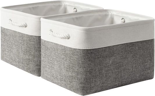Storage Basket for Shelves - 17X15X12 inch 2 Pack Fabric Cube Storage Bin Collapsible Baskets for Organizing with Rope, Storage Box for Cloth Decorative (White & Grey)