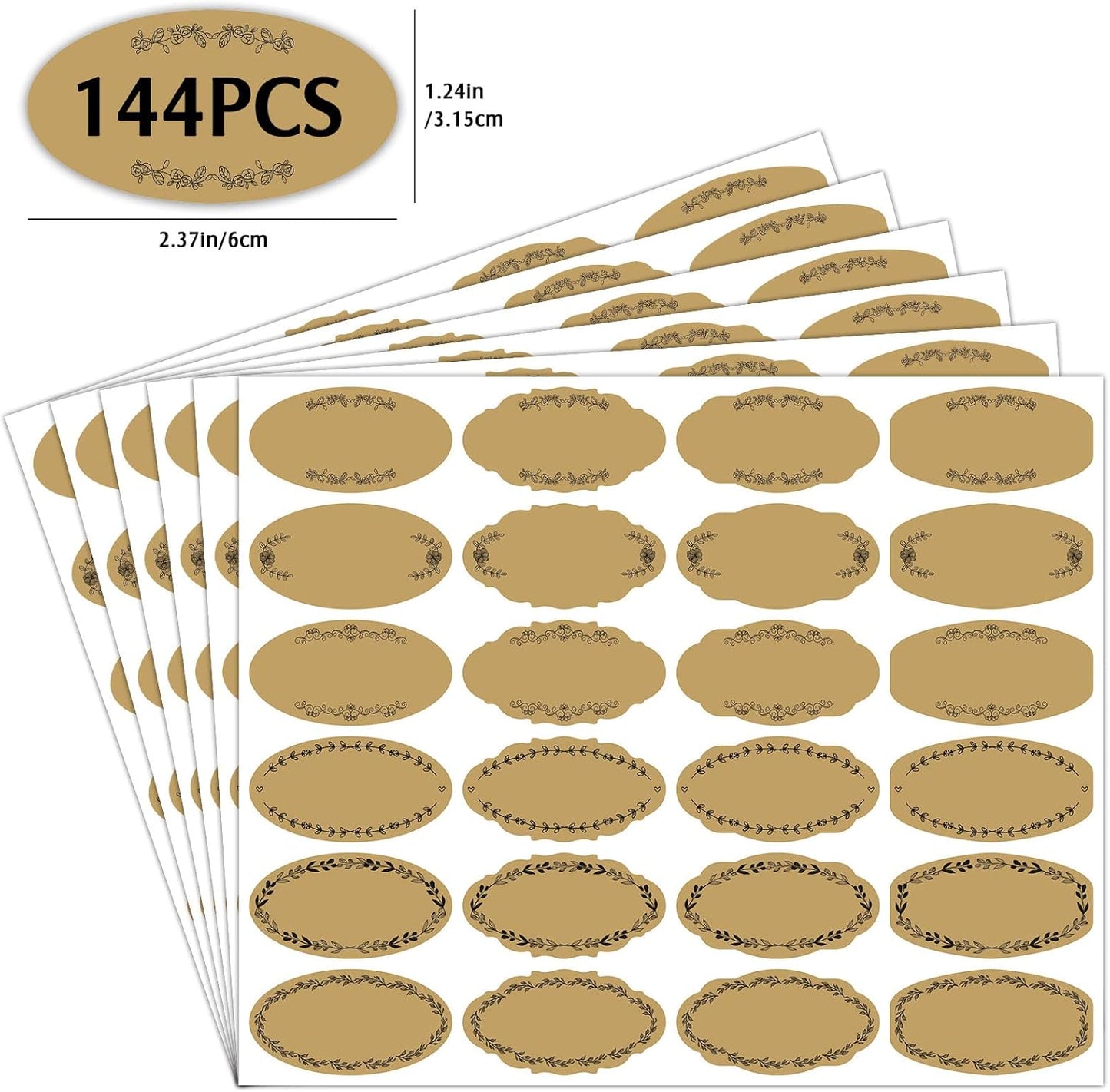 Nardo Visgo Oval Vintage Brown Labels for Bottles, Removable Waterproof Write-on Sticker Labels for Essential Oil Bottles, Christmas Gift Tags, Food Spice Jars or Handmade Jam,Free Black Marker,144pcs