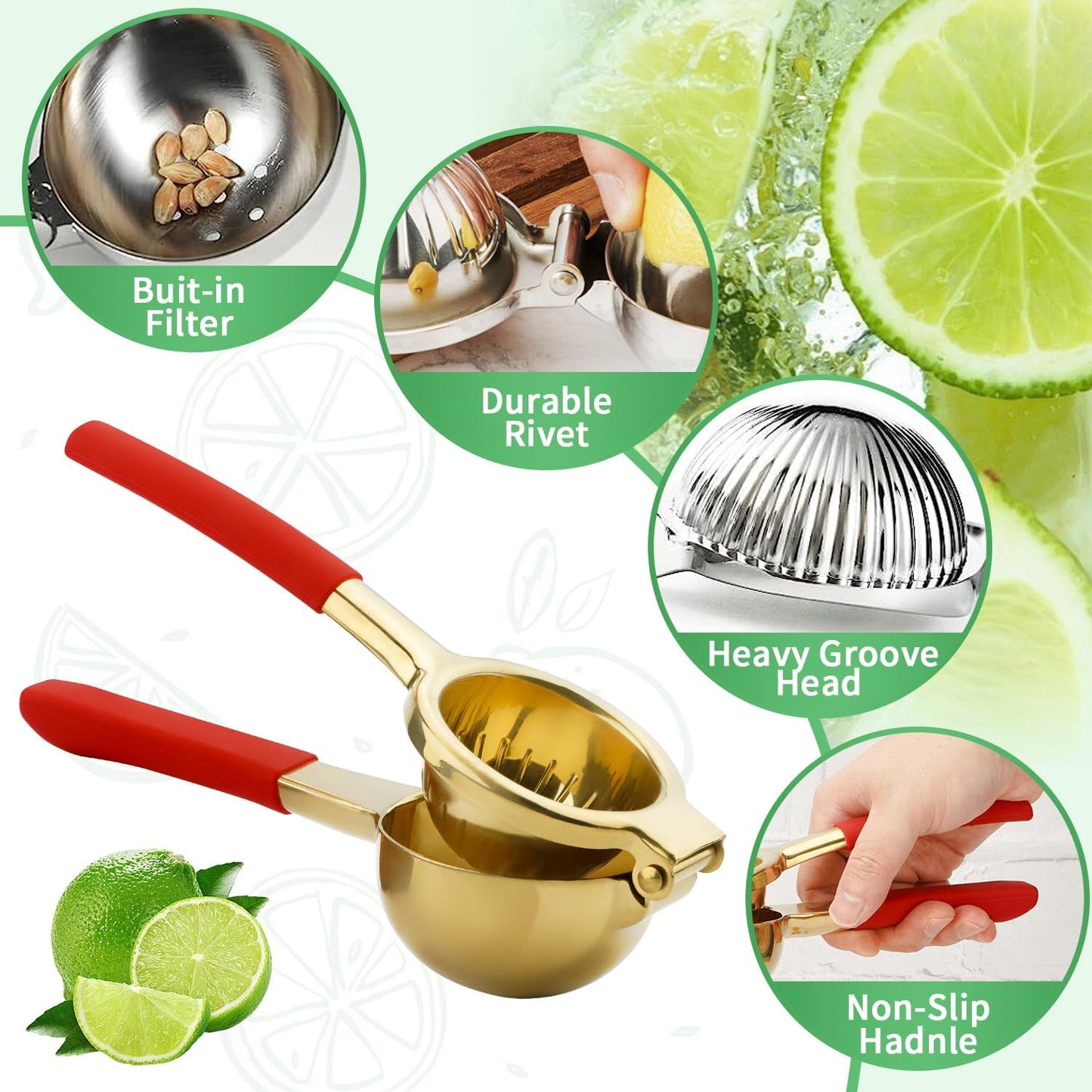 Lemon Squeezer,304 Stainless Steel Citrus Press Juicer,Non-Slip Grip Design Manual Juicer,Heavy Duty Manual Citrus Press Juicer & Lime Squeezer-Gold & Red