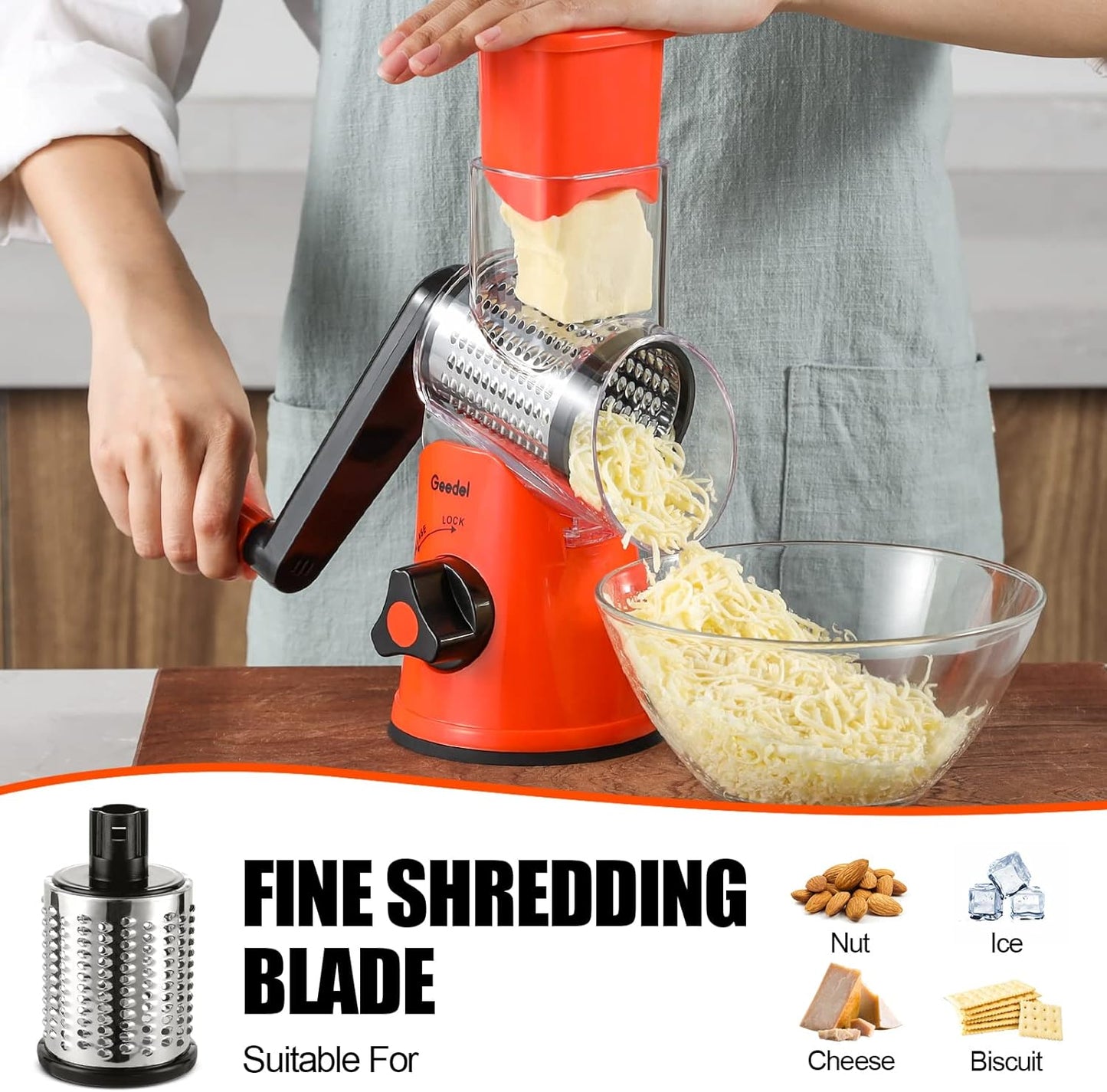 Geedel Rotary Cheese Grater, Kitchen Mandoline Vegetable Slicer with 3 Interchangeable Blades, Easy to Clean Rotary Grater Slicer for Fruit, Vegetables, Nuts