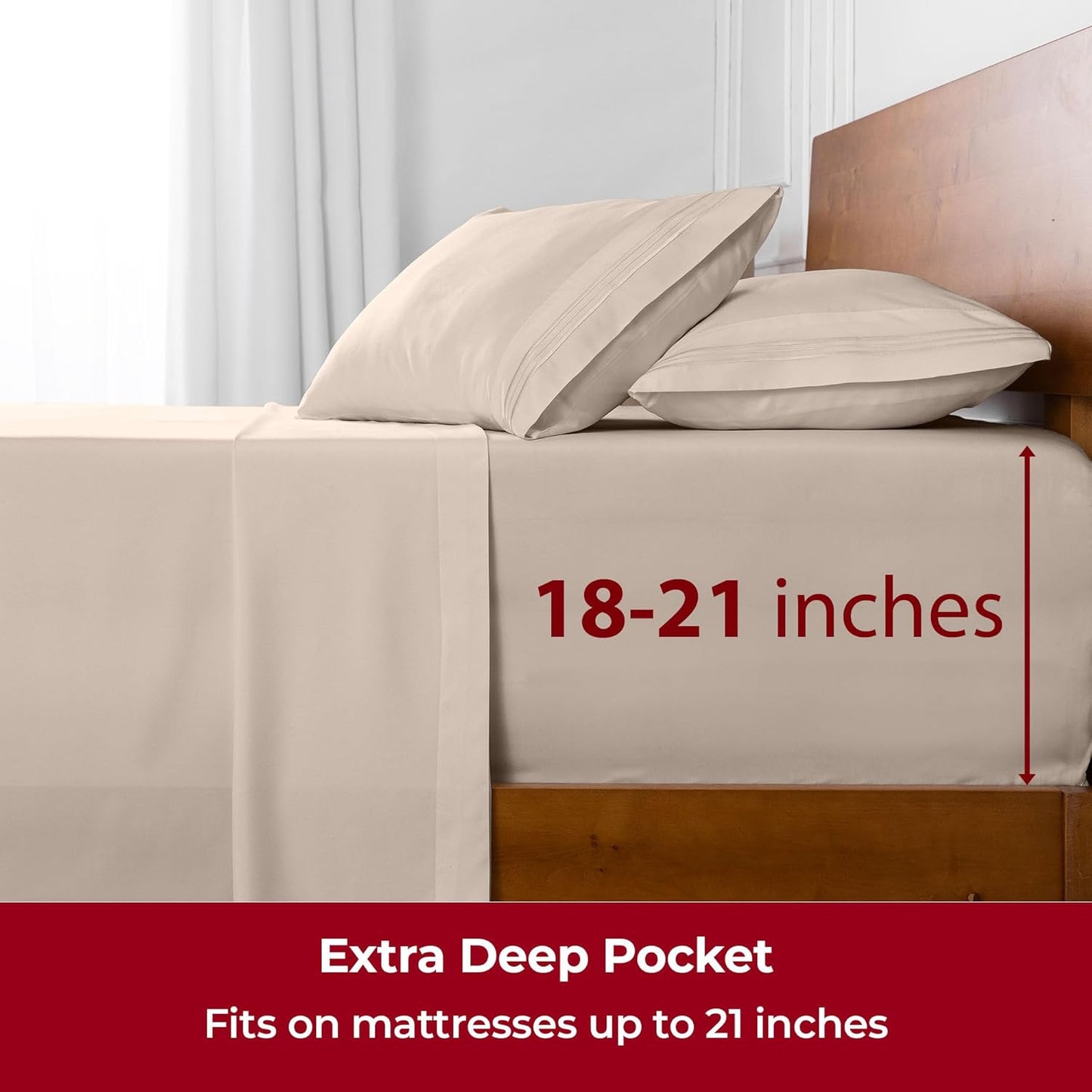 Mellanni Extra Deep California King Sheets - 4 PC Iconic Collection Bedding - Hotel Luxury, Ultra Soft, Cooling Bed Sheets - Wrinkle, Fade, Stain Resistant (Cal King, Beige)