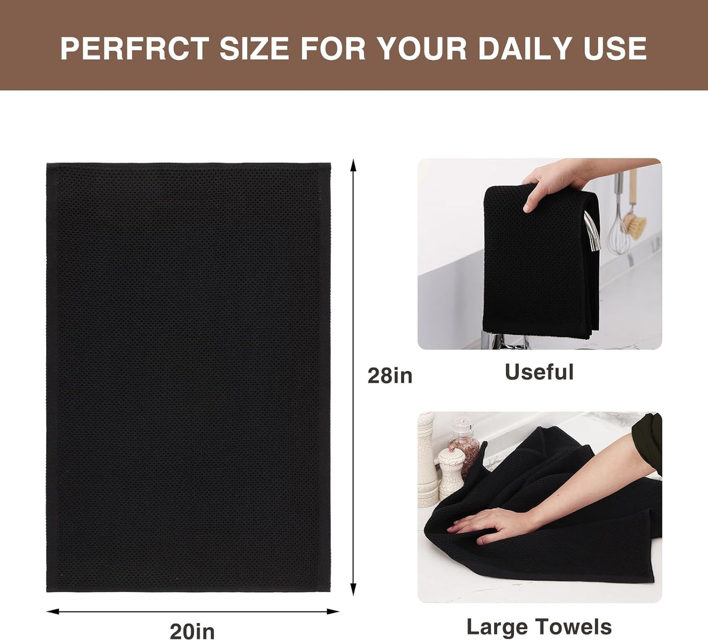 Homaxy 100% Cotton Oversized Waffle Weave Kitchen Dish Towels, Ultra Soft Absorbent Quick Drying Cleaning Towel, 20 x 28 Inches, 8-Pack, Black