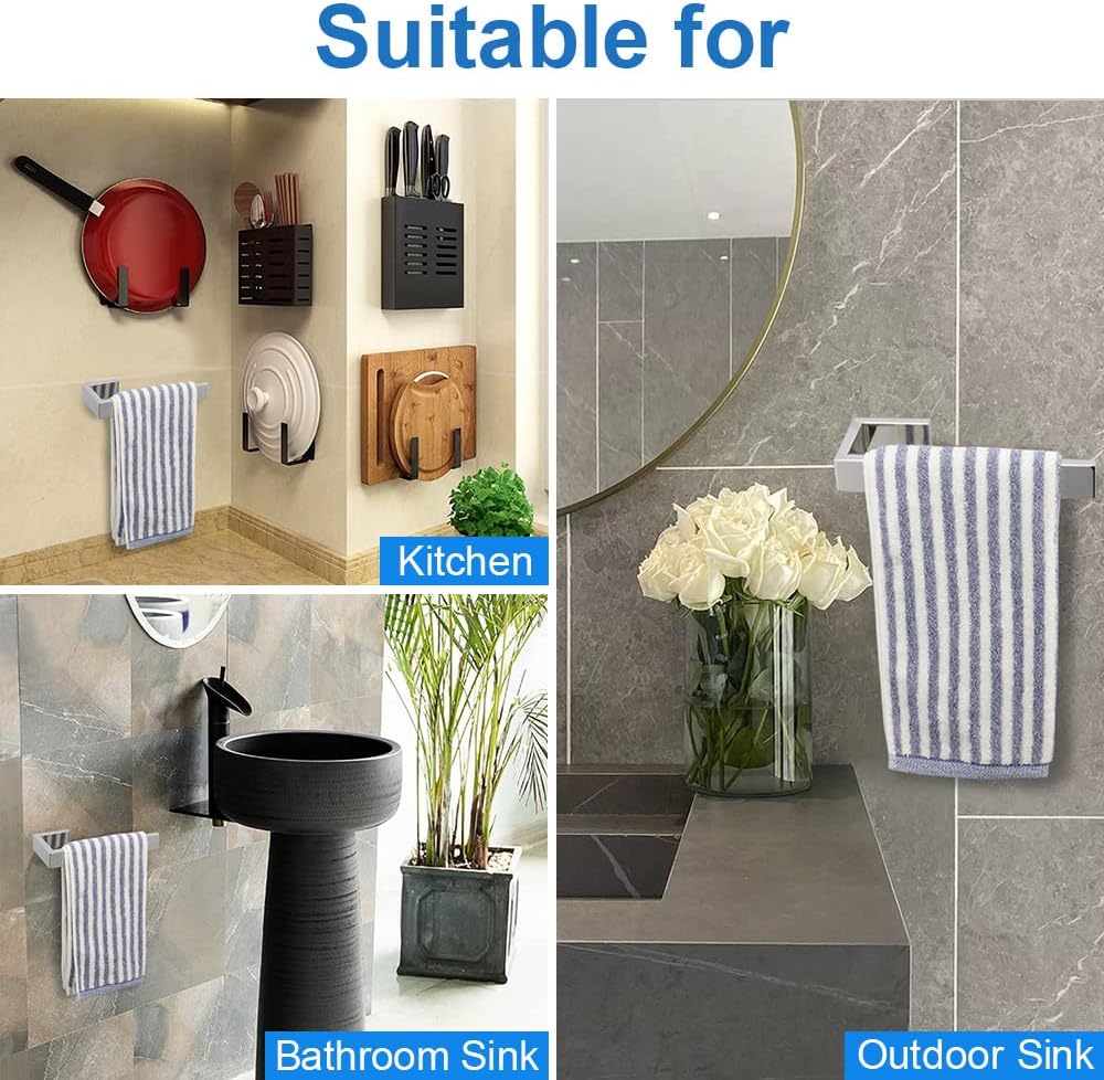 TocTen Hand Towel Holder/Towel Ring - Thicken SUS304 Stainless Steel Bathroom Hand Towel Hanger, 9 Inch Heavy Duty Wall Mounted Towel Rack, Square Hand Towel Bar for Bathroom Hardware (Chrome, 9 in)