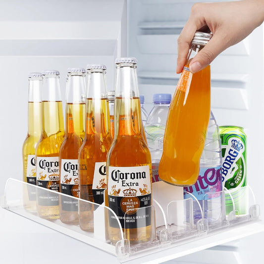 SOLY Drink Organizer for Fridge,Fridge Drink Dispenser for Fridge Automatic Pusher Glide,For Refrigerator Organizing Holds up to 14.96" D, Adjustable for 6-20oz (4 Row)