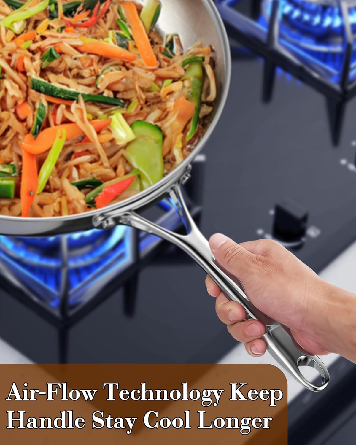 Cooks Standard Stainless Steel Frying Pan with Lid, 10-Inch Multi-Ply Clad Wok Stir Fry Pan, Kitchen Skillet, Silver