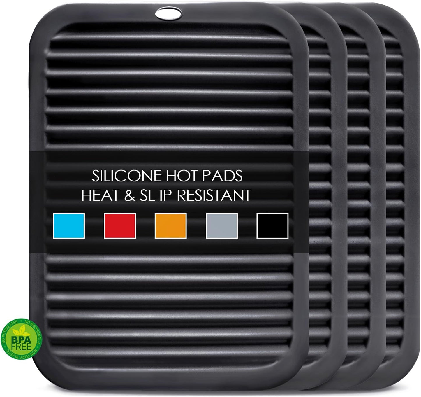 Silicone Trivets for Hot Pots and Pans, 4 Pack Heat Resistant Pot Holders for kitchen, Large Silicone Trivet Mat for Hot Dishes, Black Hot Pads for Kitchen Counter, Hot Mats Spoon Rest, 9 * 12 Inches