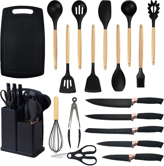 Cooking Utensils Set,19 Kitchen Set Utensils Set with 11 Pieces Spatula Cooking Utensils,Heat Resistant Silicone Utensils 6 Piece Sharp Knife Set 2 Pieces Utensil Cutting Board (Black 19 PCS Set)