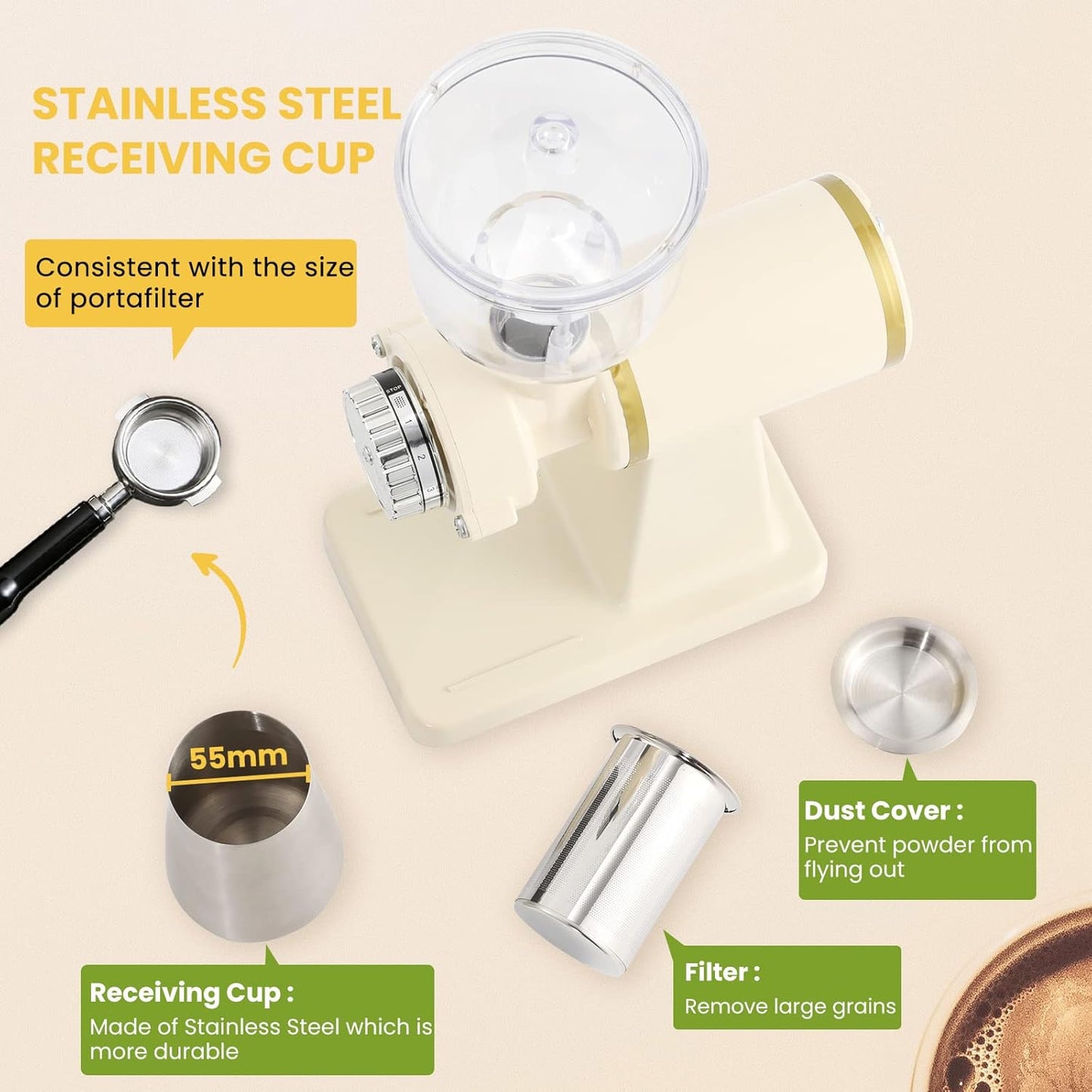 Electric Coffee Grinder Burr Espresso Coffee Bean Grinder Small Automatic Stainless Steel Coffee Mill With Brush, Creamy White