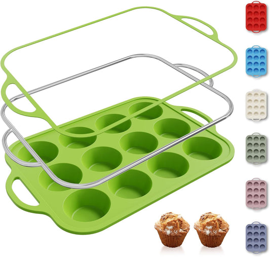12 Cups Silicone Muffin Pan with Metal Reinforced Frame Regular Size Cupcake Pan Tray Egg Bites Silicone Circle Cookie Molds Muffin Tin Tart Pans Baking Sheet Set for Oven Dishwasher Safe