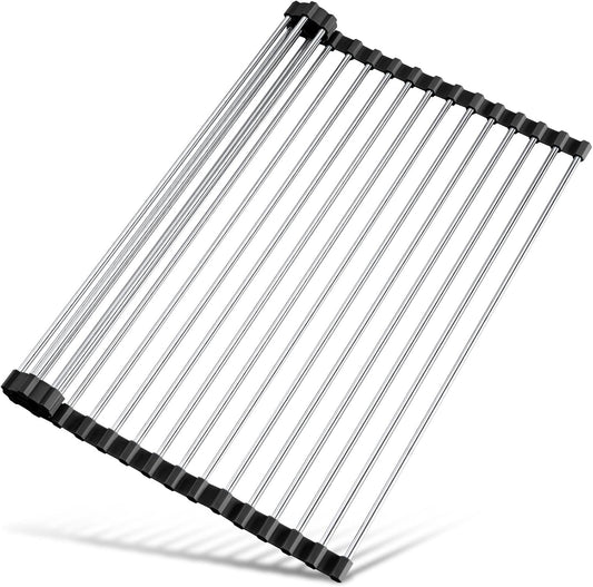 Tomorotec 17.7" x 15.5" Roll Up Dish Drying Rack Over Sink Drying Rack Sink Cover Kitchen Sink Accessories Gadget Multipurpose Organizer Foldable Stainless Steel Drainer