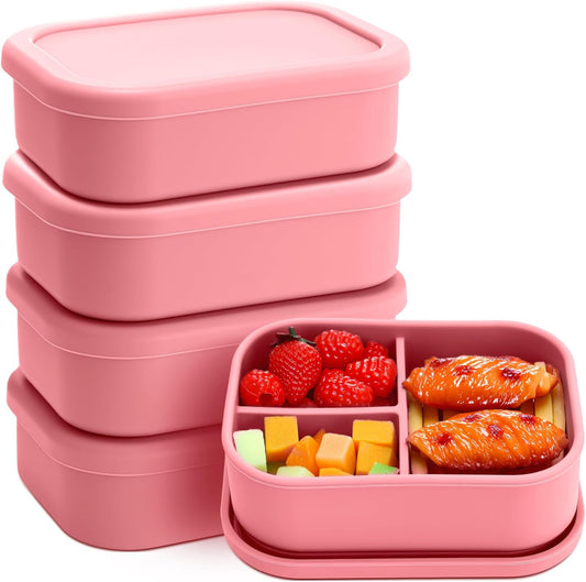 Honeydak 4 Pcs Silicone Bento Lunch Box 3 Compartment Reusable Leakproof Silicone Bento Lunch Container for Adults Microwave Dishwasher Freezer Safe(Red)