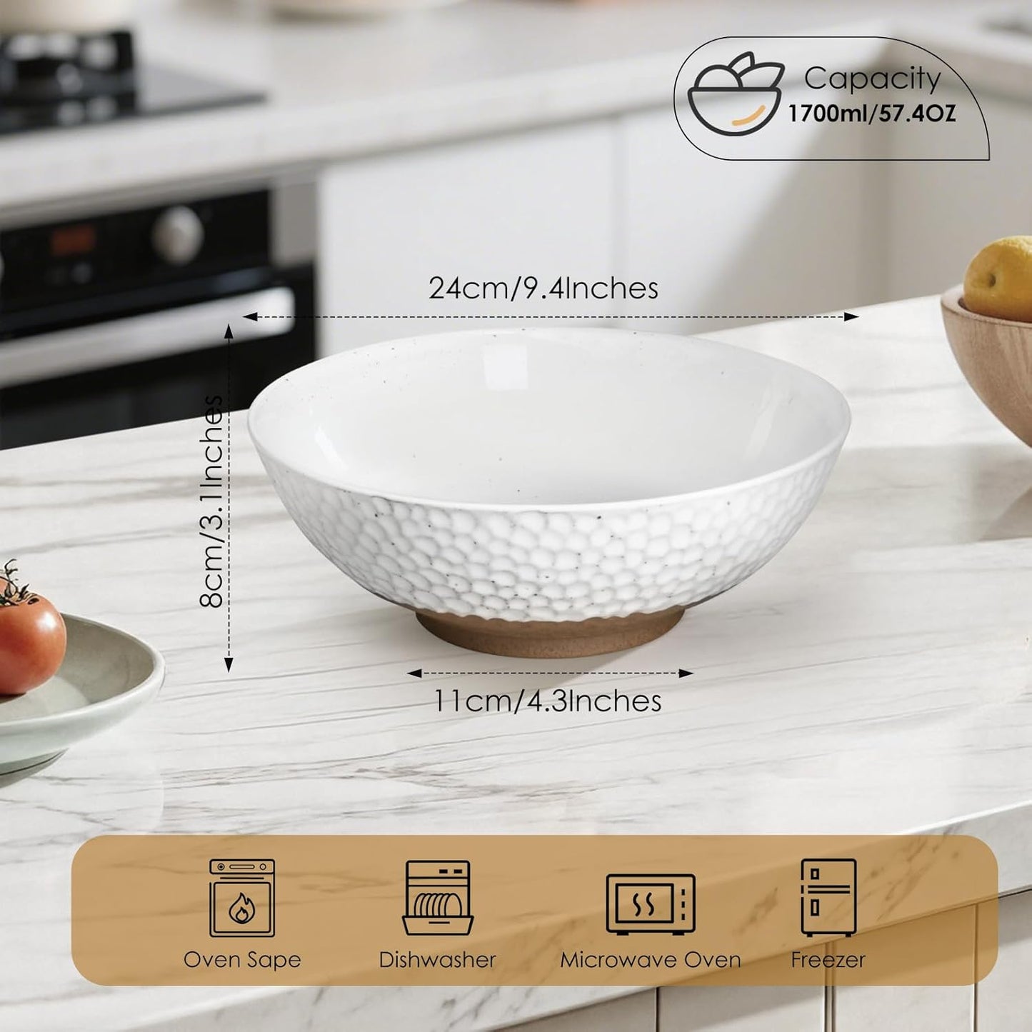 Wotalation Large White Ceramic Salad Serving Bowl - 9.4 Inch Party Bowl for Holidays, Fruit Bowl with Bamboo Utensils (57.4oz), Microwave & Dishwasher Safe