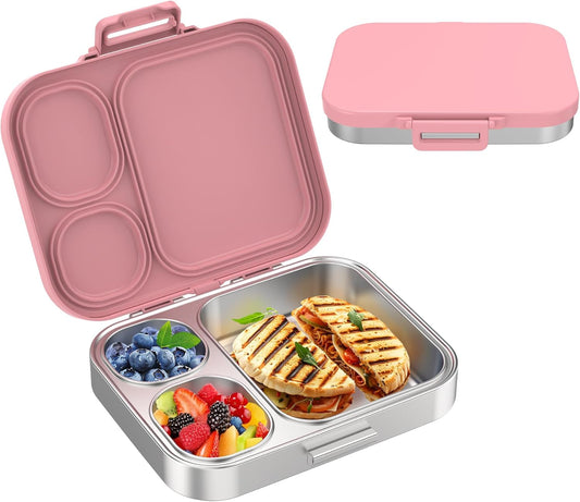 Stainless Steel Bento Lunch Box for Kids | 3-Compartment Lunch Box Container Kids | 100% Leakproof, Dishwasher-Safe, Eco-Friendly, Perfect Portion Control for Kids&Adult Healthy Meals (Pink)