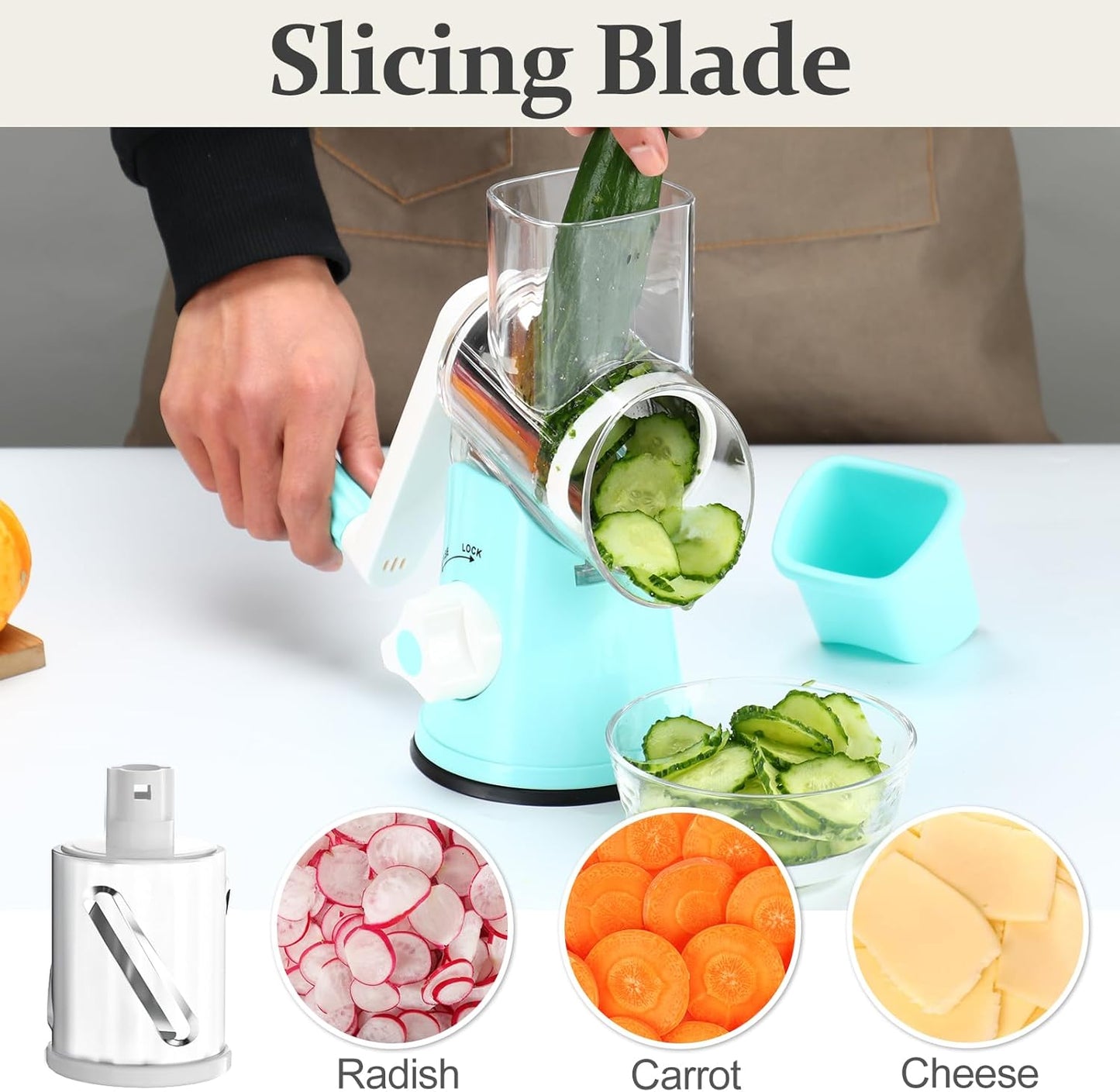 Cambom Rotary Cheese Grater Hand Crank Cheese Shredder for Fresh Cheese, Vegetable, Nuts,Non-slip Suction Base, Five Blades, Blue