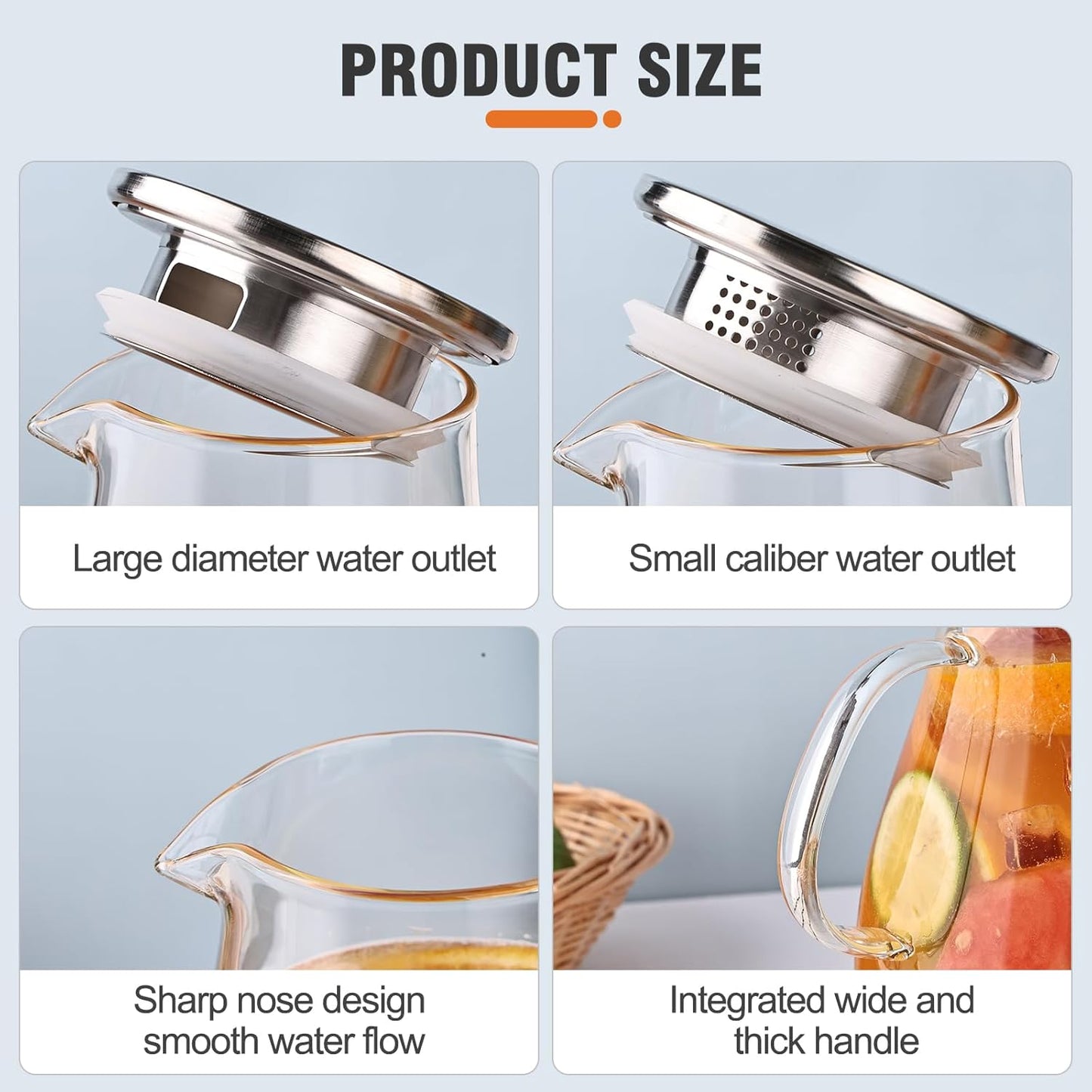 2500ml Glass Pitcher with Lid, 88 Ounces with Precise Scale Line, Hot/Cold Water Jug, Juice and Iced Tea Beverage Carafe with Lid