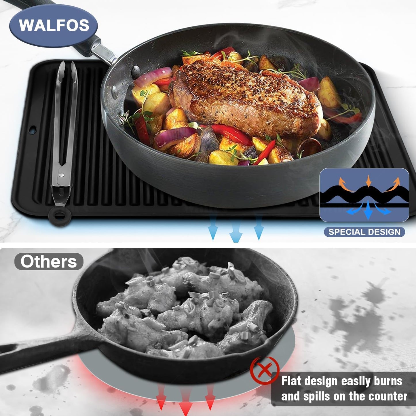 Walfos Large Silicone Trivet 16x12 Inch, Trivets for Hot Pots and Pans, Heat Resistant Pot Holders Hot Pads for Kitchen Quartz Countertops, Hot Dishes, 2 Pack