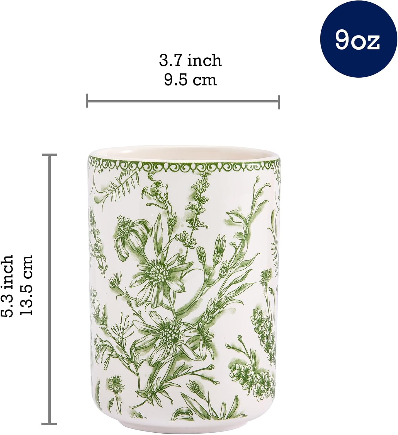 Bico Green Garden Toile De Jouy Ceramic Utensil Holder Set of 2, Ceramic Kitchen Utensil Crocks for Countertop, Large Cooking Tool Holder Counter Decor, Spatula Organizer