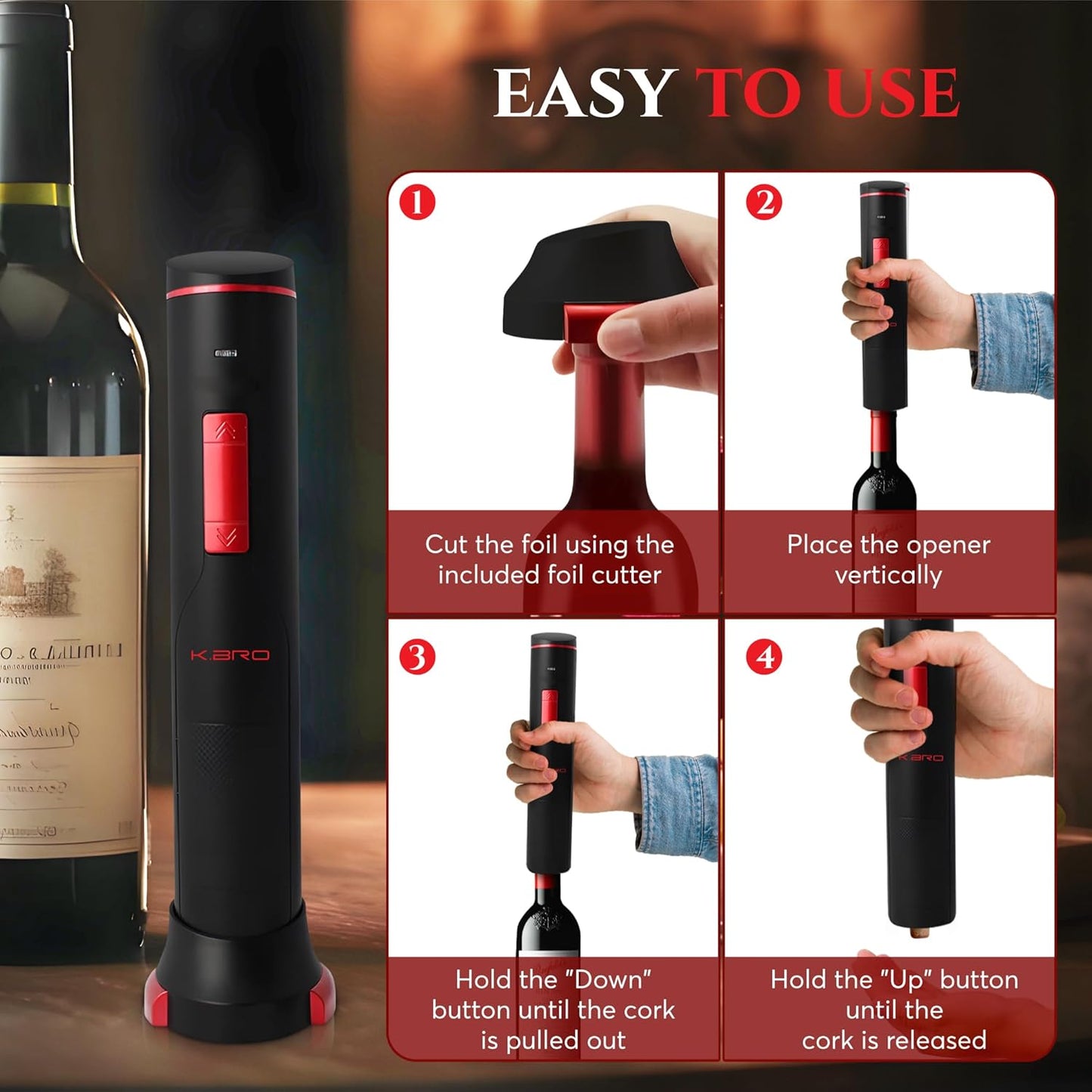 Rechargeable Electric Wine Opener | Electric Corkscrew Wine Bottle Opener With Foil Cutter | Gift for Wine Lovers (Black)